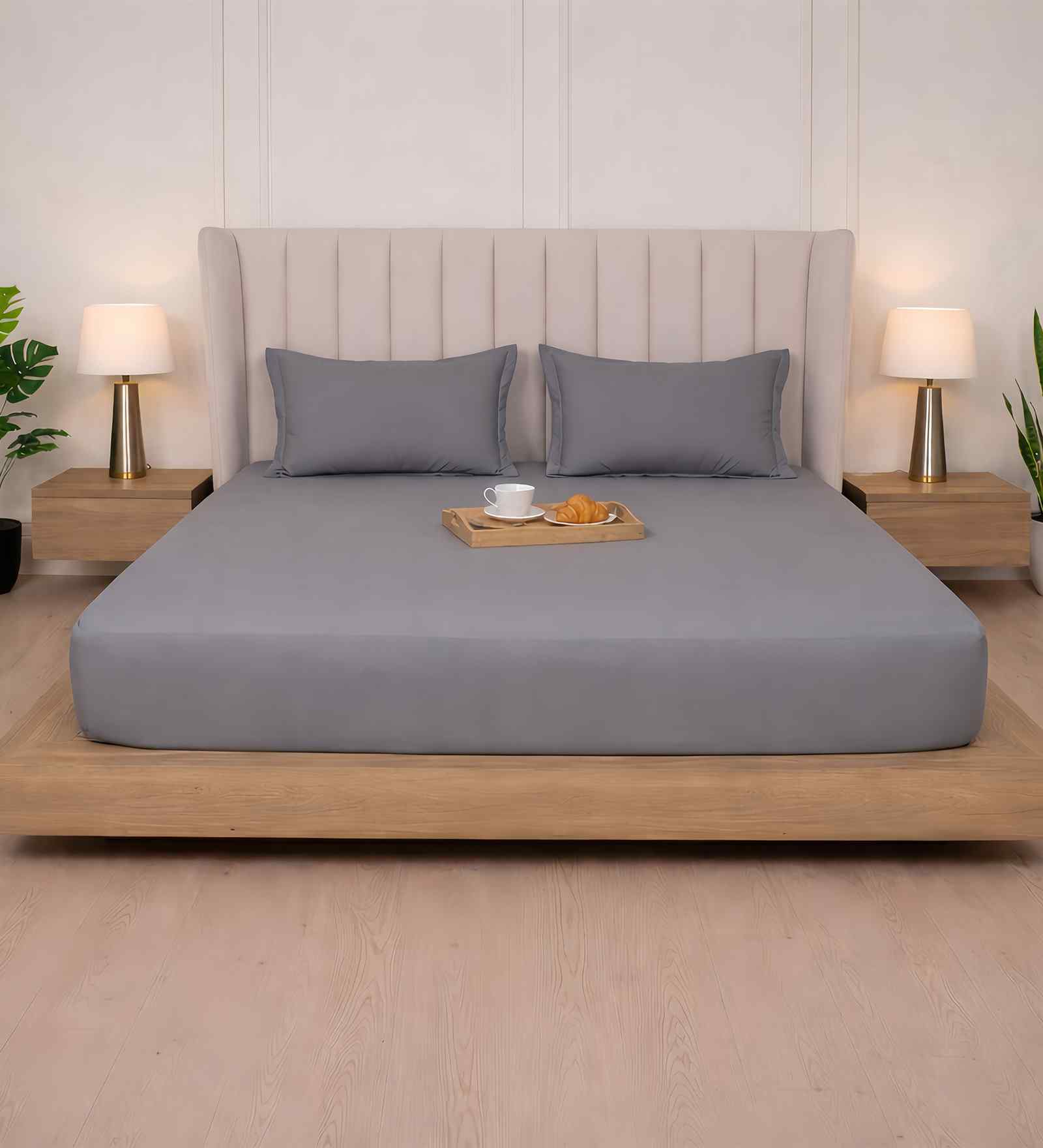 Celestial Cascade Solid 300 TC Pure Cotton King Fitted Bedsheet with 2 Pillow Covers