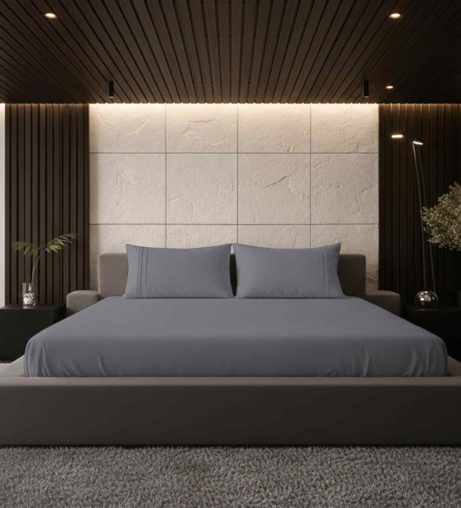 Celestial Gray Solid 500 TC Pure Cotton King Fitted Bedsheet with 2 Pillow Covers
