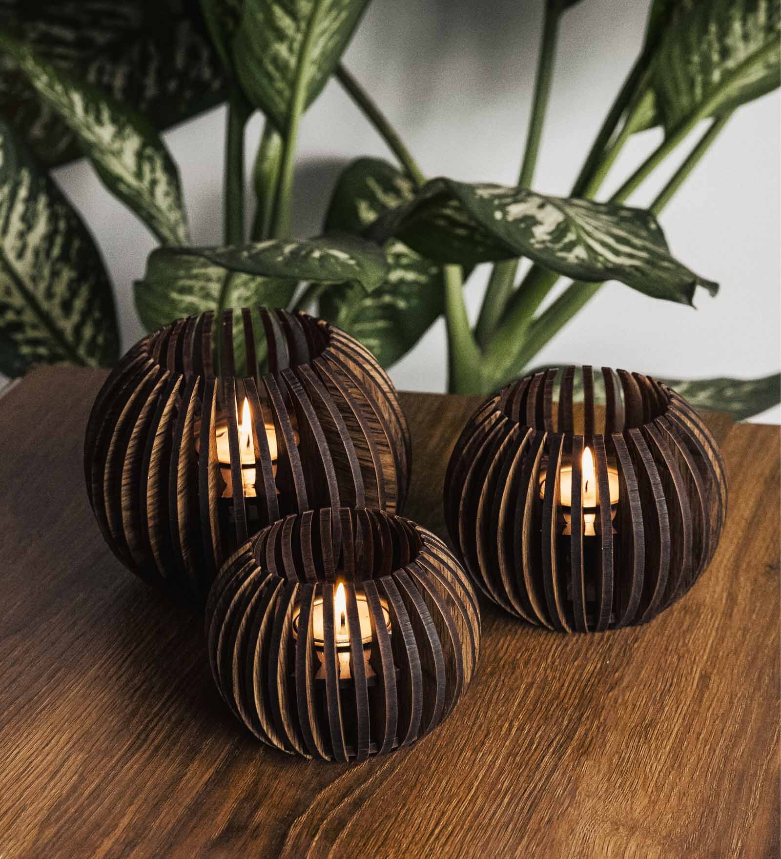 Cella Set Of 3 Brown Pine Wood Table Tea Light Holder