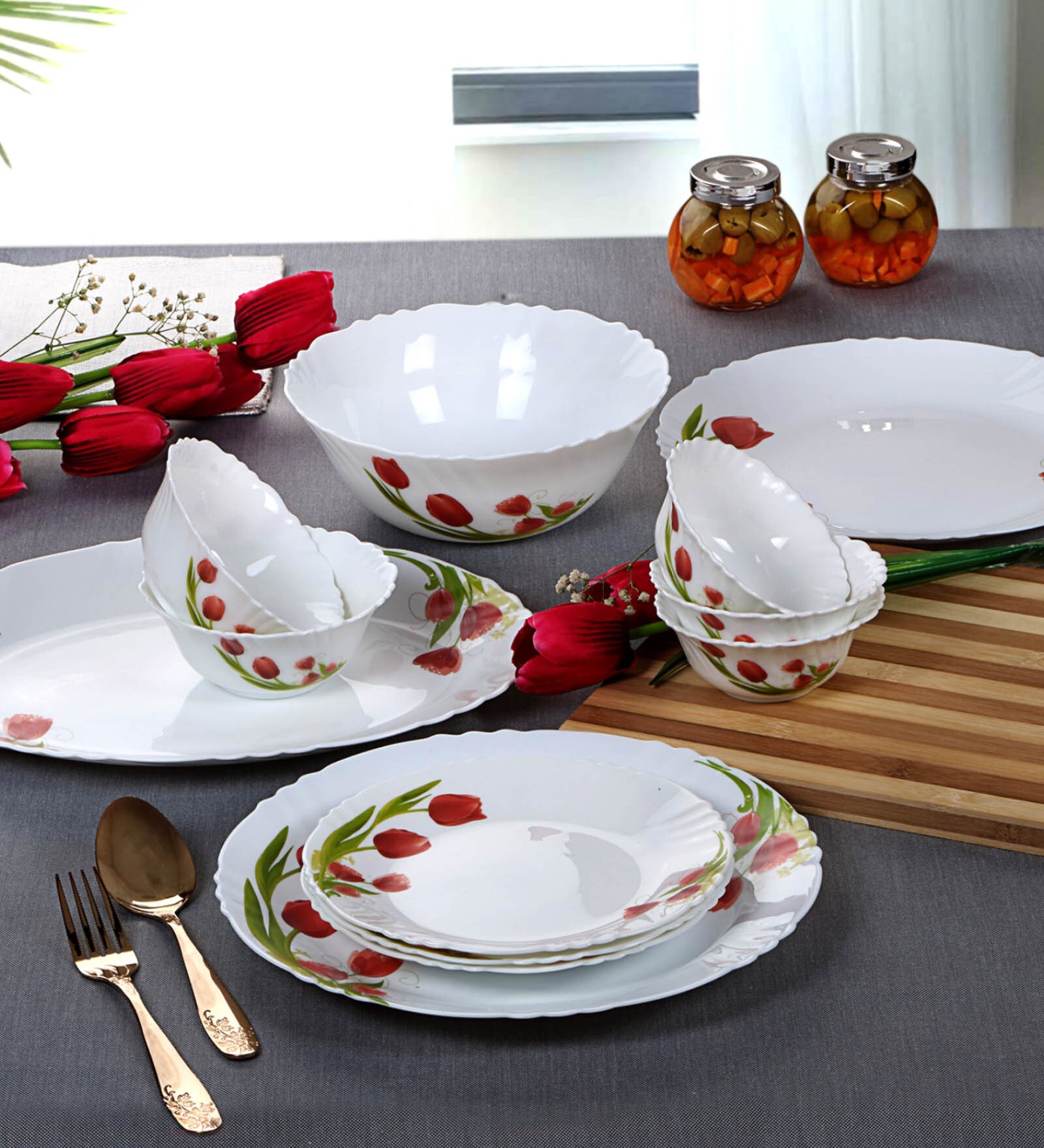 Cello Imperial Red Bloom Opalware Dinner Set, 33 Pc