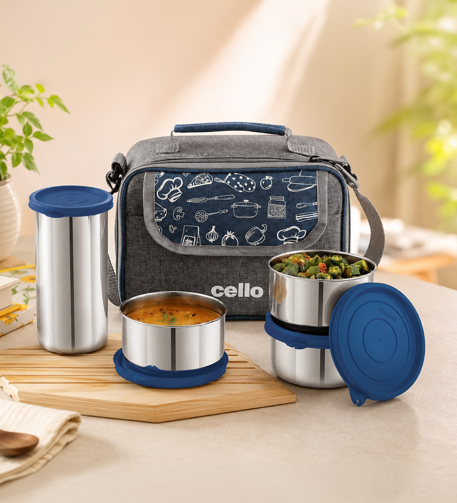 CELLO MF High Meal Combo Lunch Box Set with Bag, Blue