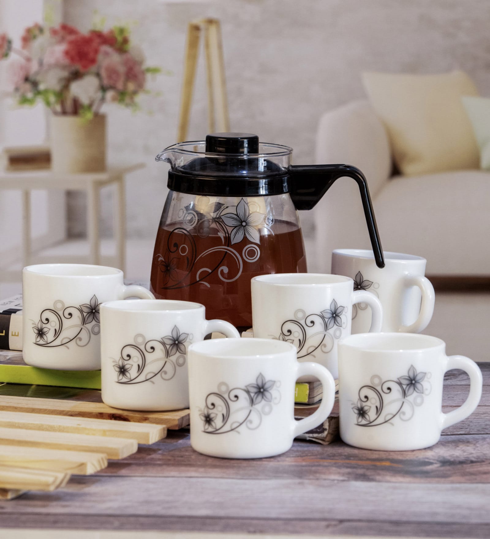 Cello Opalware Tea Set with Glass Pot(Carafe) (set of 6pcs Mugs & 1pc Tea Pot)