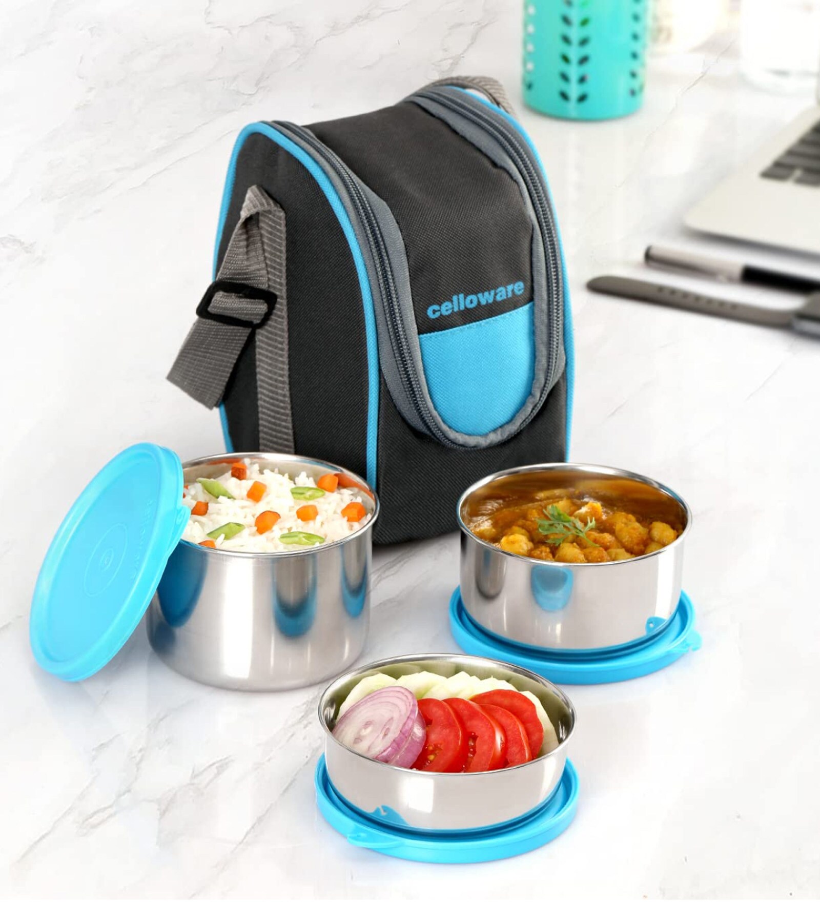 Cello Steelox Stainless Steel Lunch Box-3 Steel, Blue, (Capacities