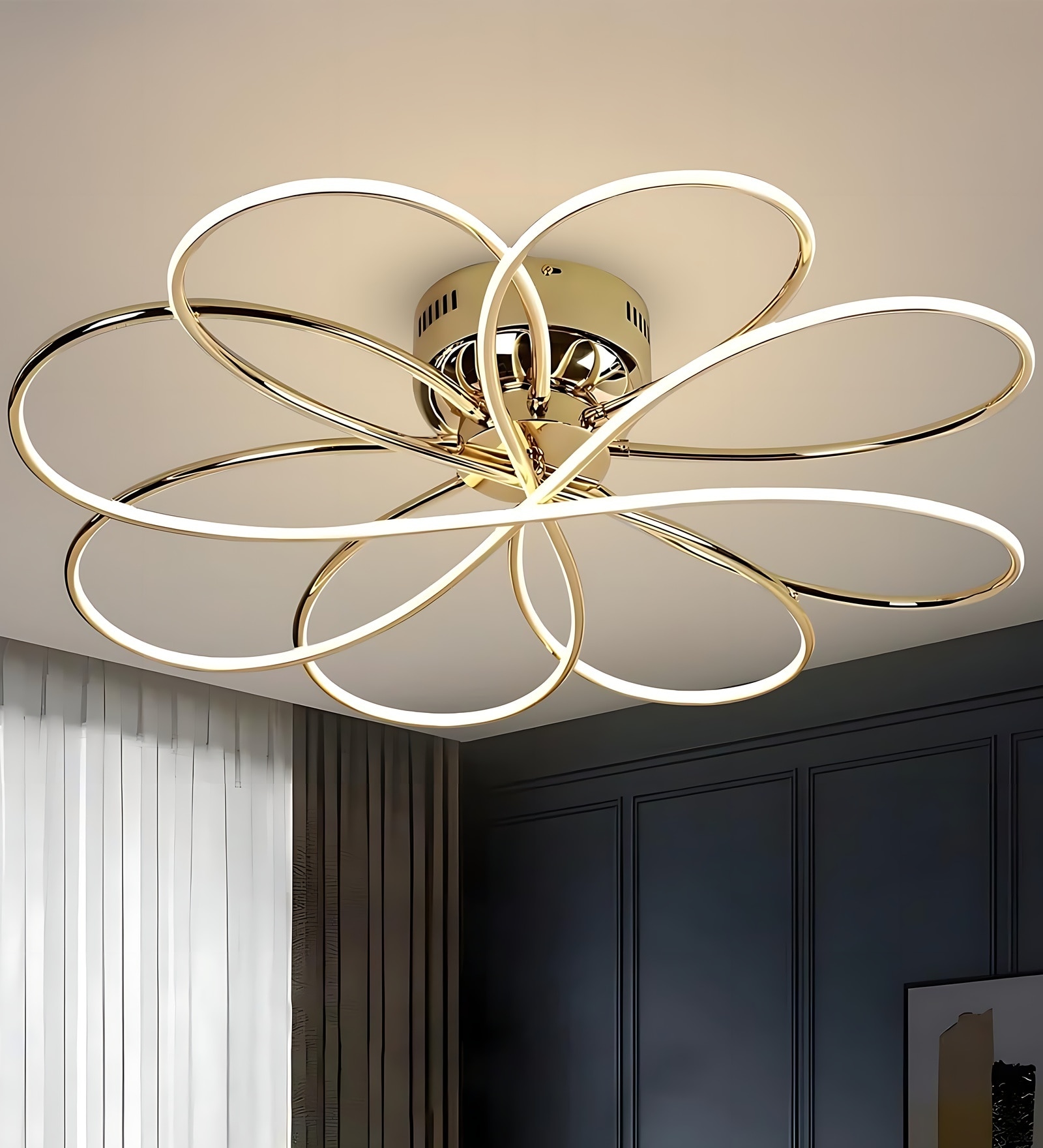 Celuna Golden Aluminium LED Ceiling Light | Modern Flower Design Chandelier | 3 Color Modes (Warm, Neutral, White) | Decorative Home & Living Room Light | 1 Year Warranty