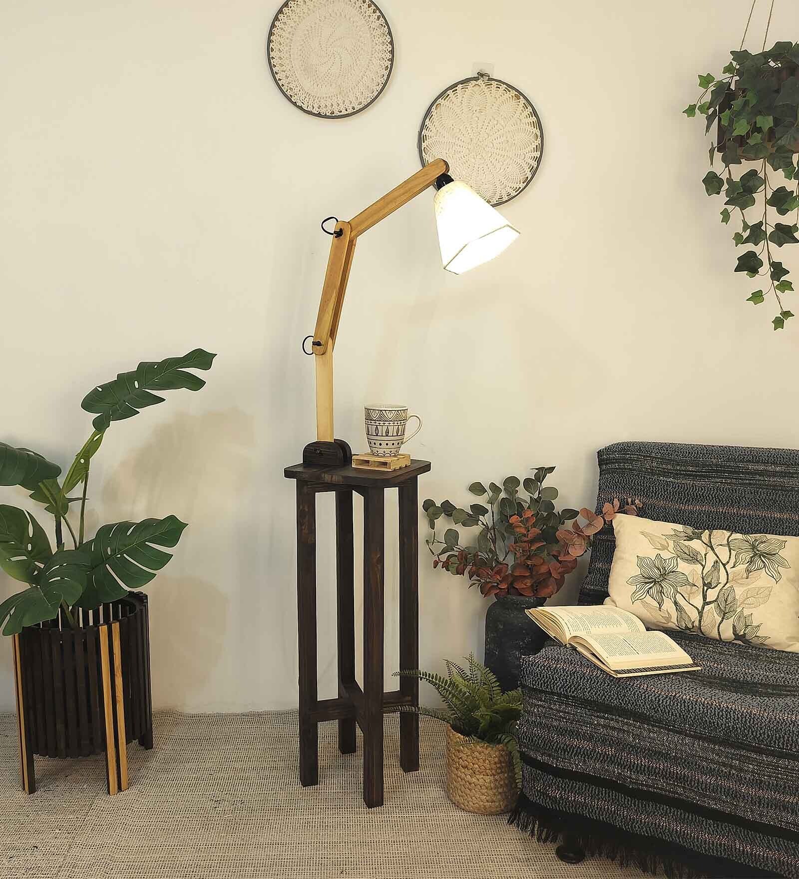 Centaur Wooden Shelf Floor Lamp with Jute Shade and Brown Base