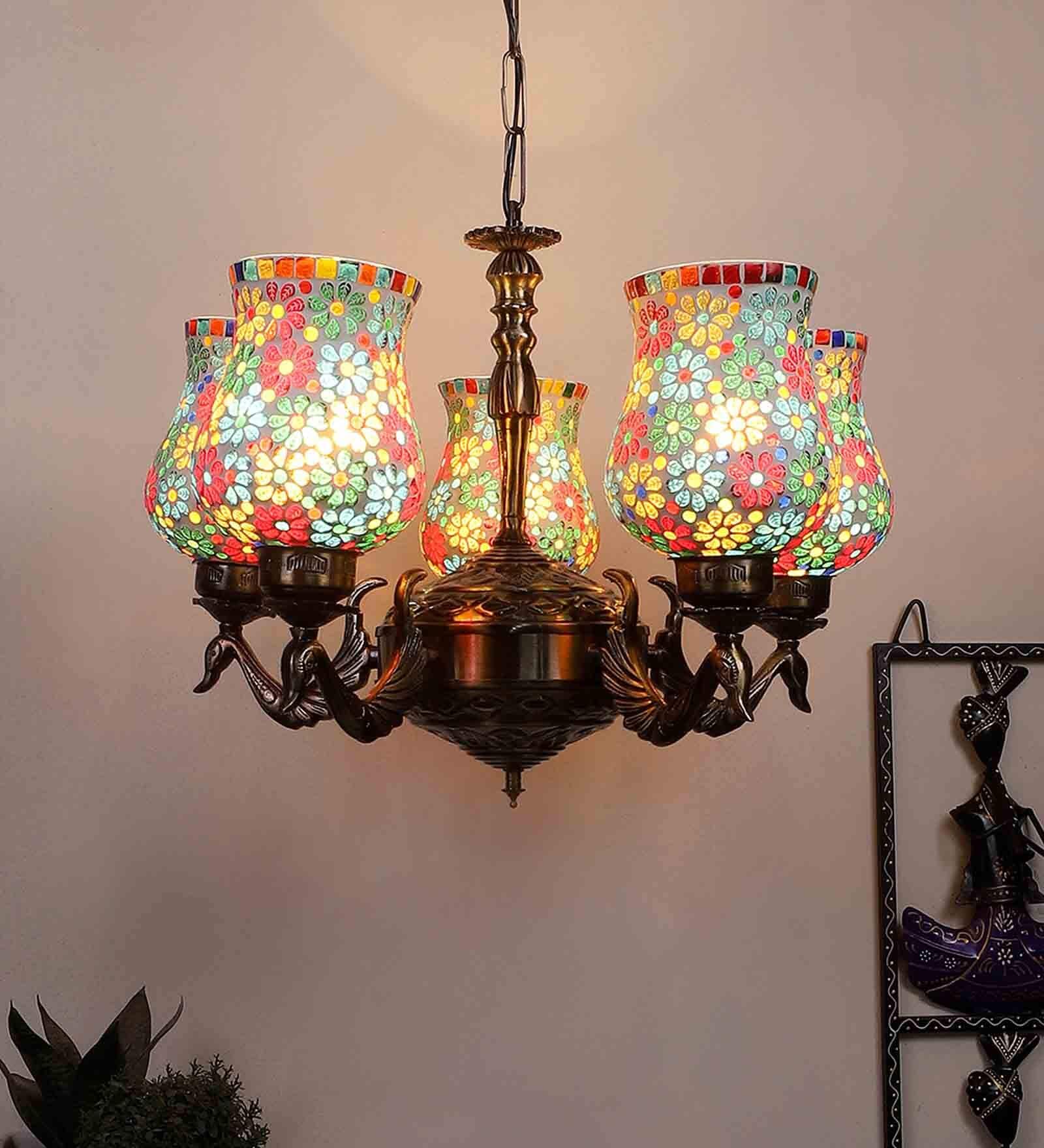 Central Multicolour Iron 5 Lights Chandelier