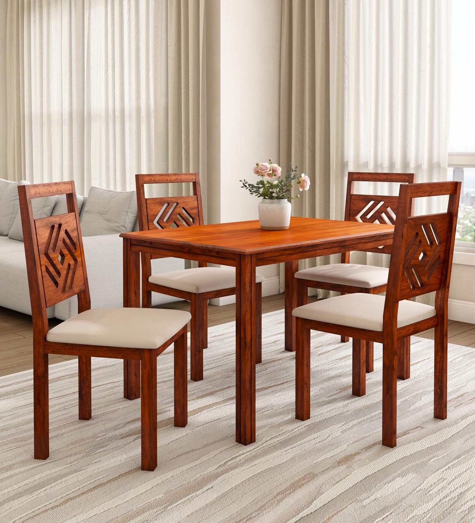 Cera Solid Wood 4 Seater Dining Set In Honey Brown Finish