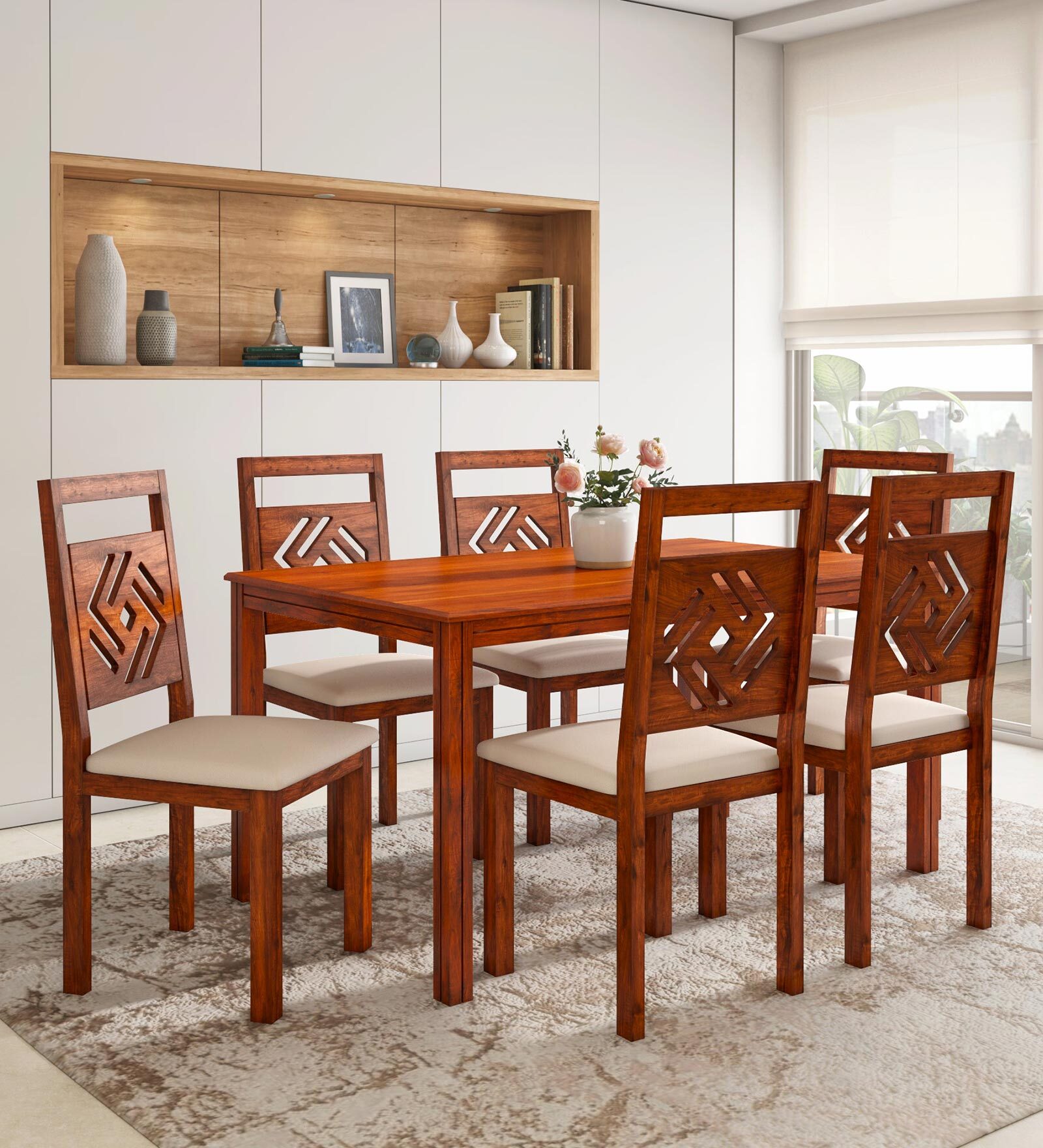 Cera Solid Wood 6 Seater Dining Set In Honey Brown Finish