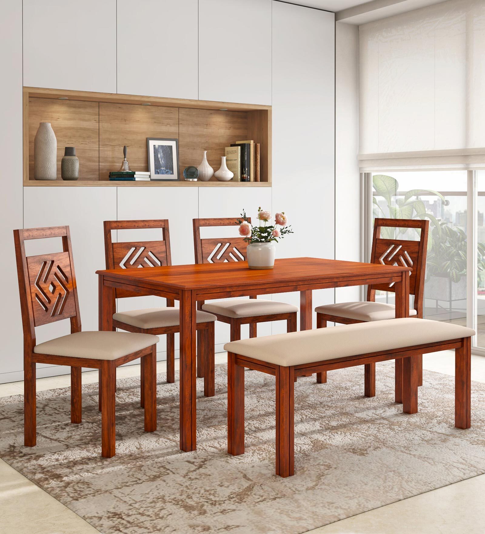 Cera Solid Wood 6 Seater Dining Set In Honey Brown Finish With Bench