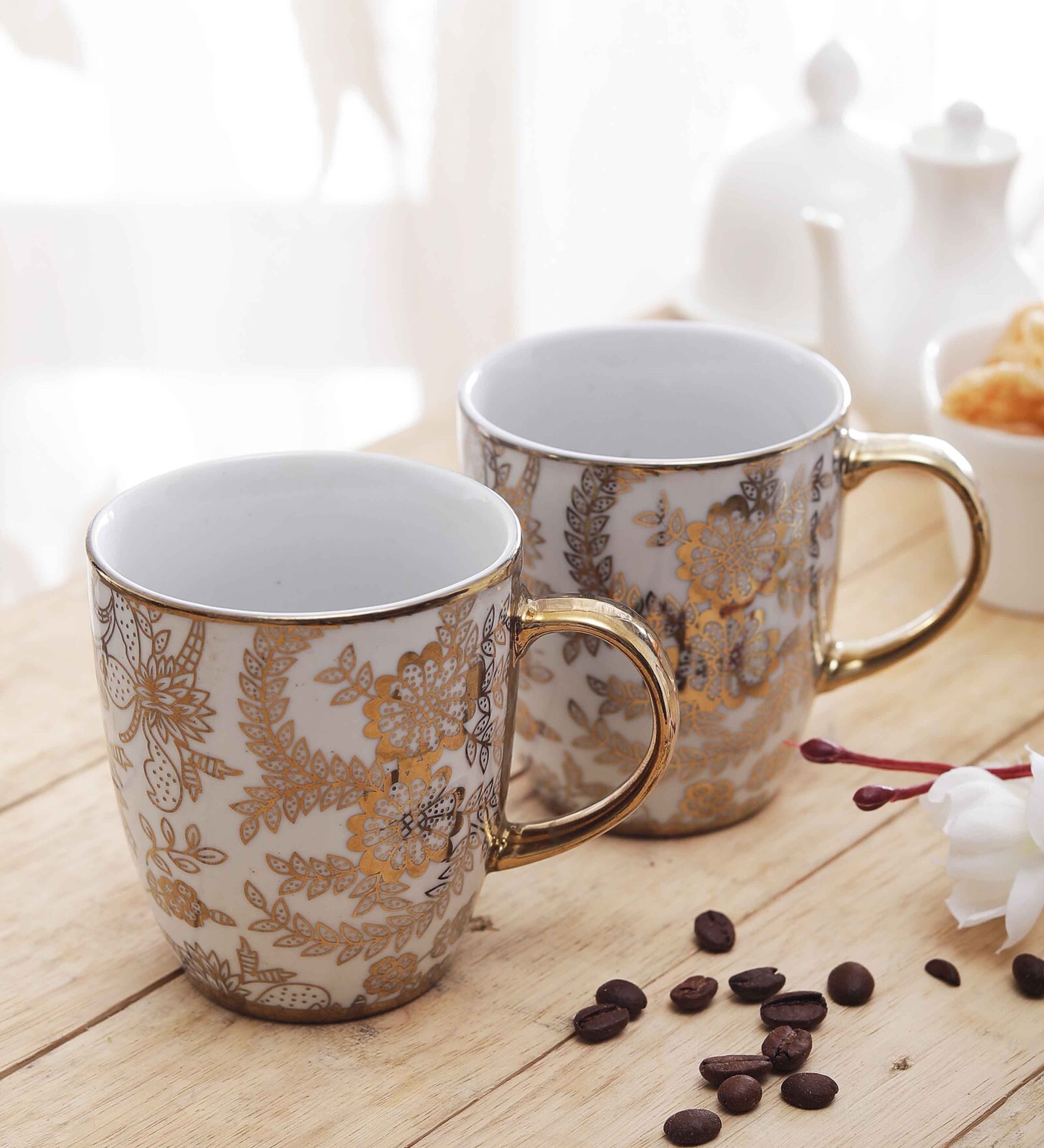 Porcelain Coffee Mugs with Leaf Print, 300 ML, Set Of 2