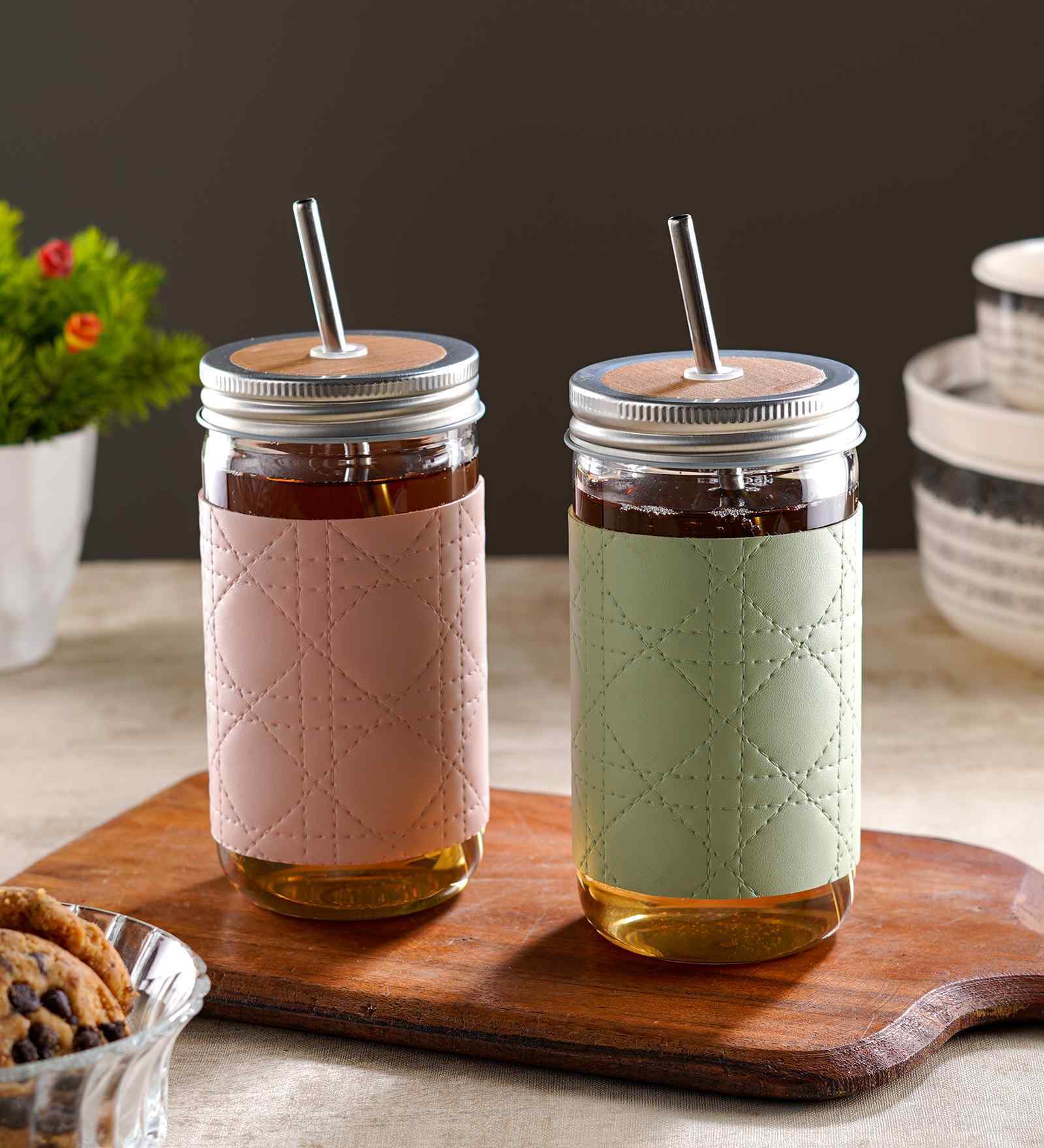 ceradeco Set Of 2 Water Glass With Straw And Lid