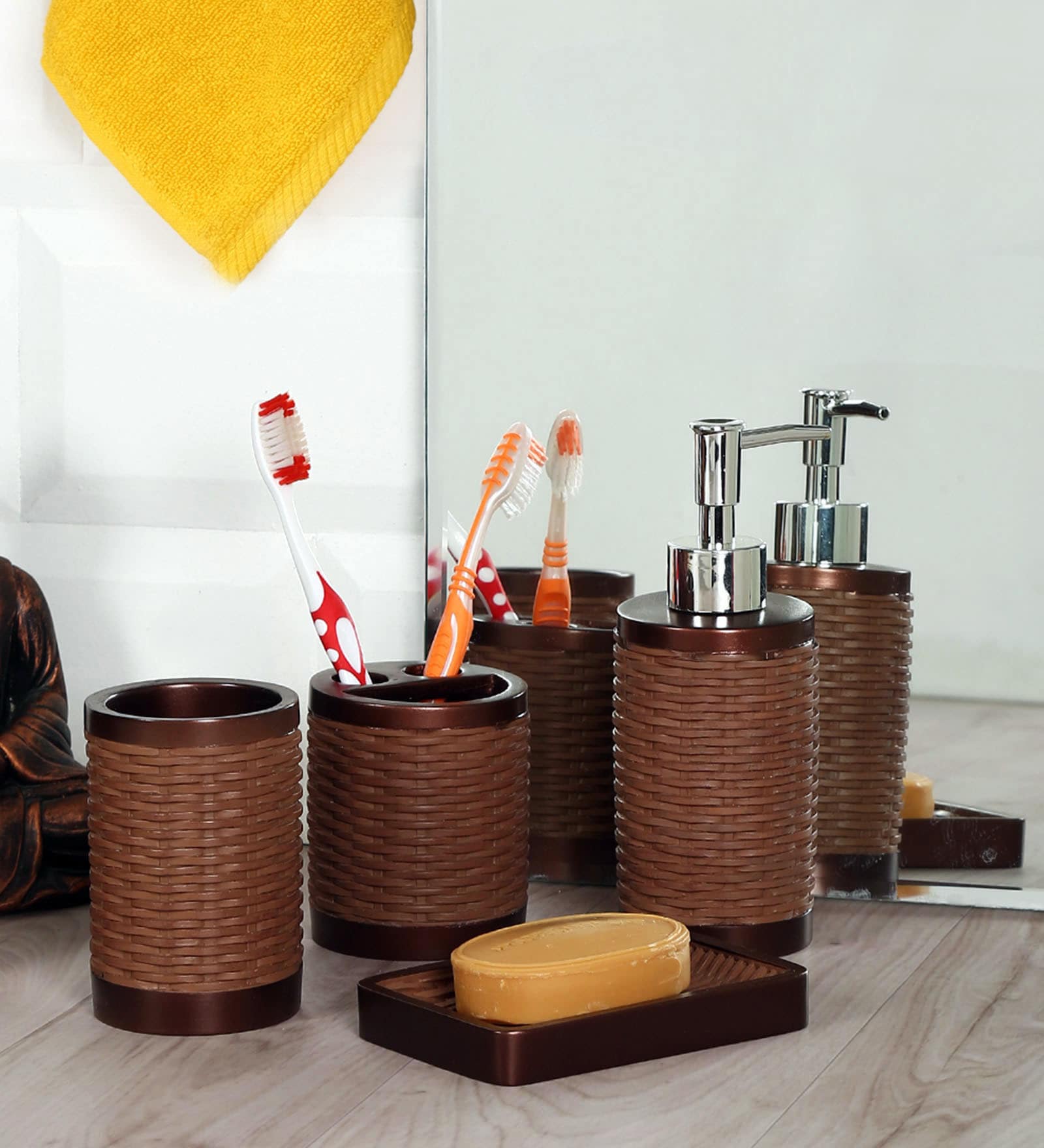 Buy Ceramic Counter Top Bathroom Accessories in Brown, Set of 4 by