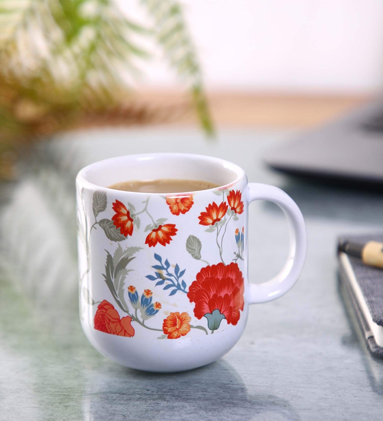 Ceramic Coffee Capsule Mug With White & Red Floral Print