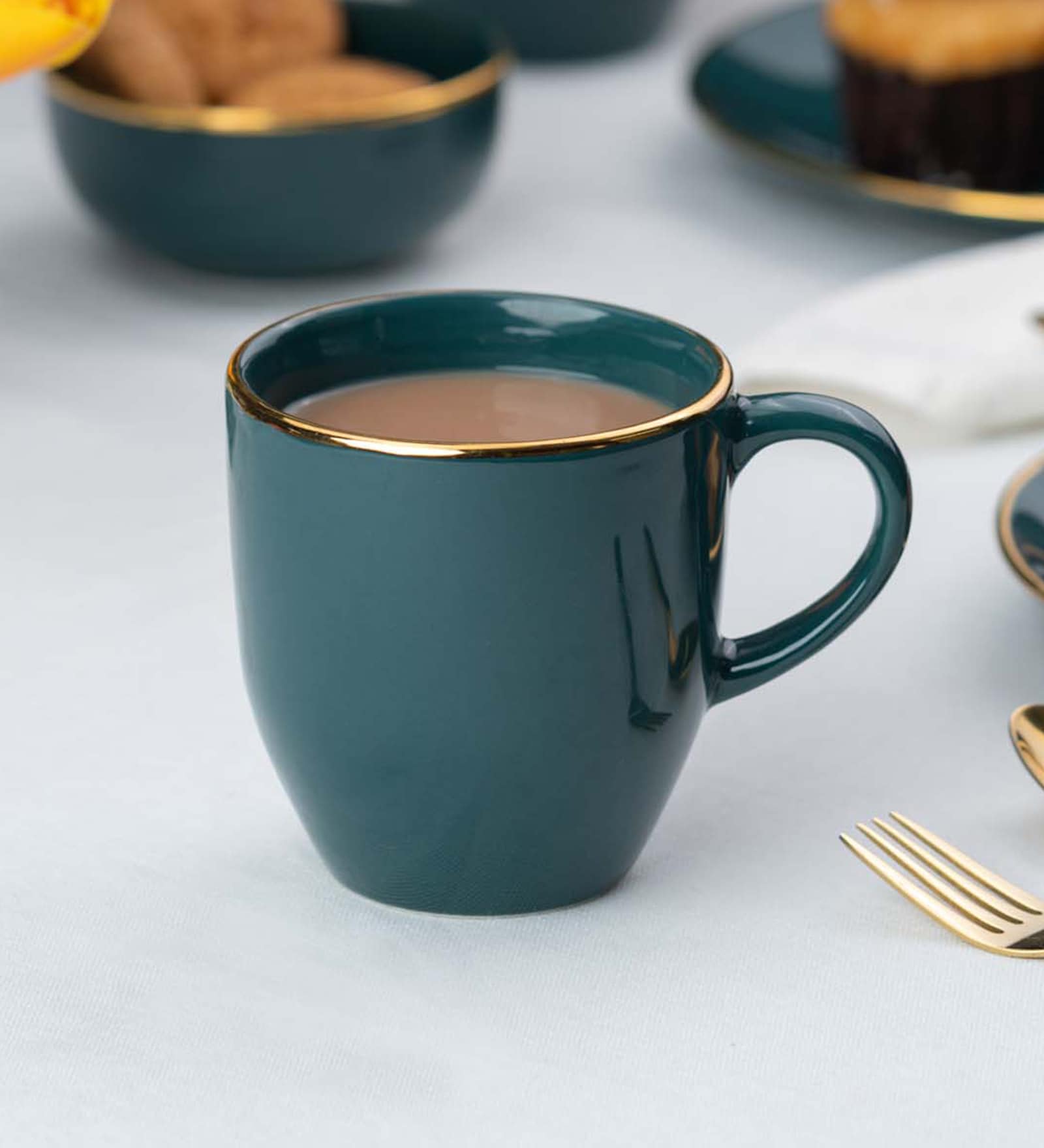 Ceramic Coffee Mug Set of 2 300ml Teal Gold