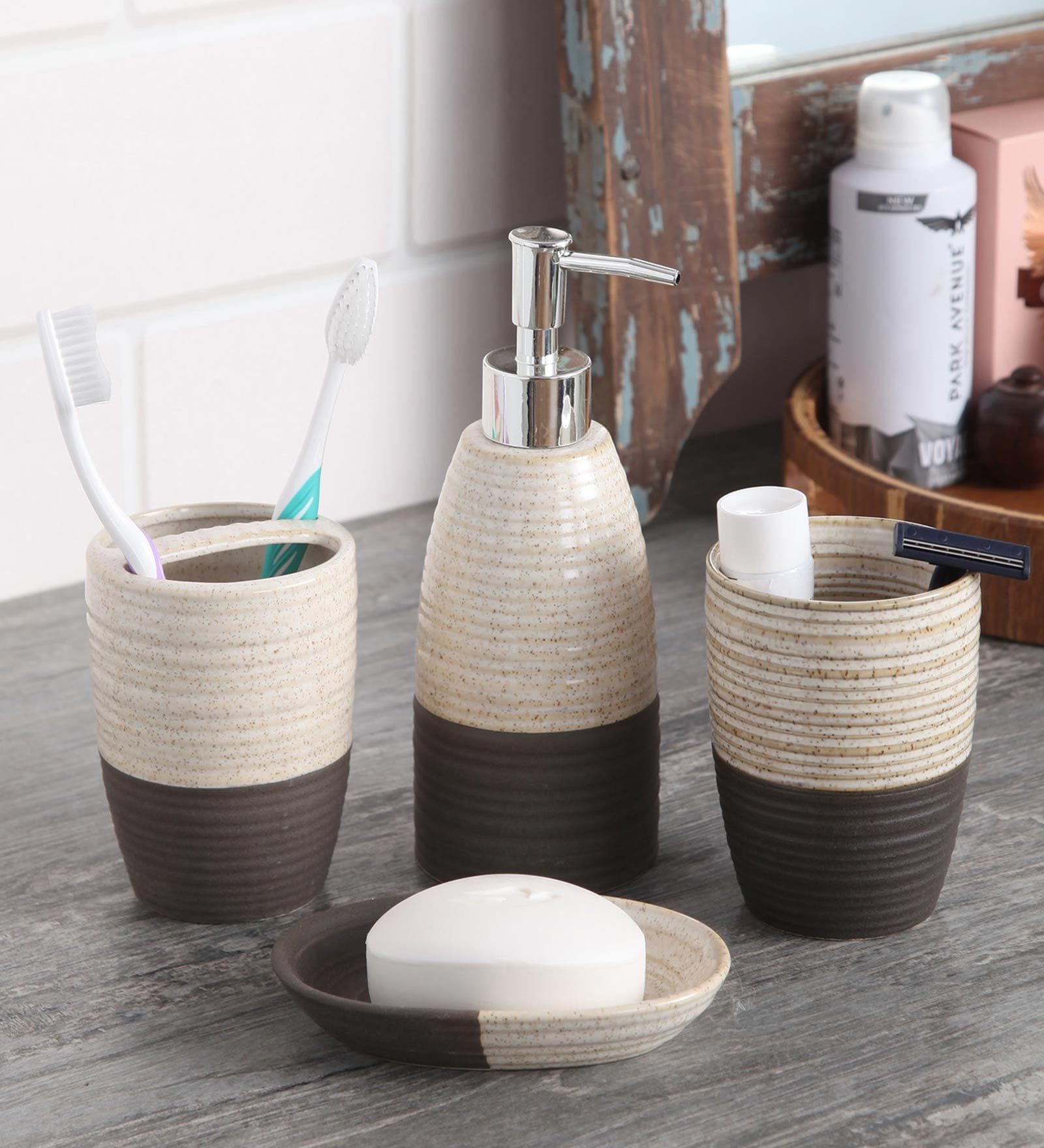 Ceramic Counter Top Bathroom Accessories Set In Multicolour