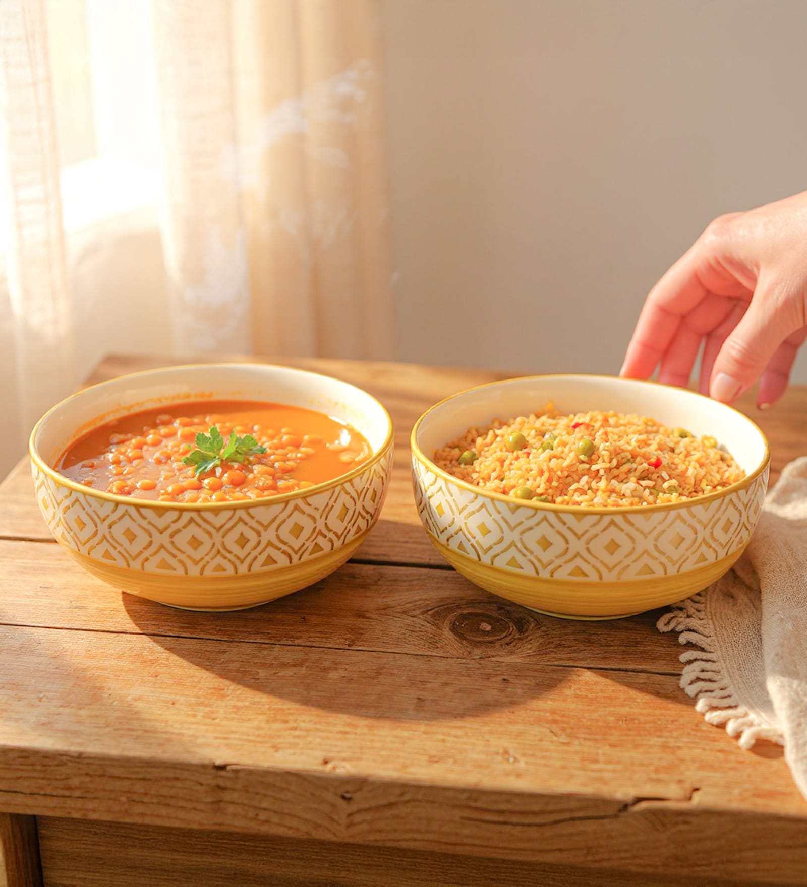 Ceramic Deep Bowl (Set of 2) Moroccan Golden Finish Multipurpose Serving Bowl Ceramic Set, 1500 ML