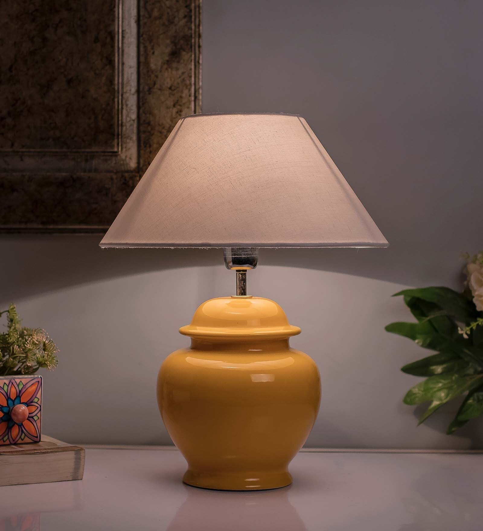 Buy Ceramic Gurad Pot Shaped Base Yellow Table Lamp with Shade, Set of ...
