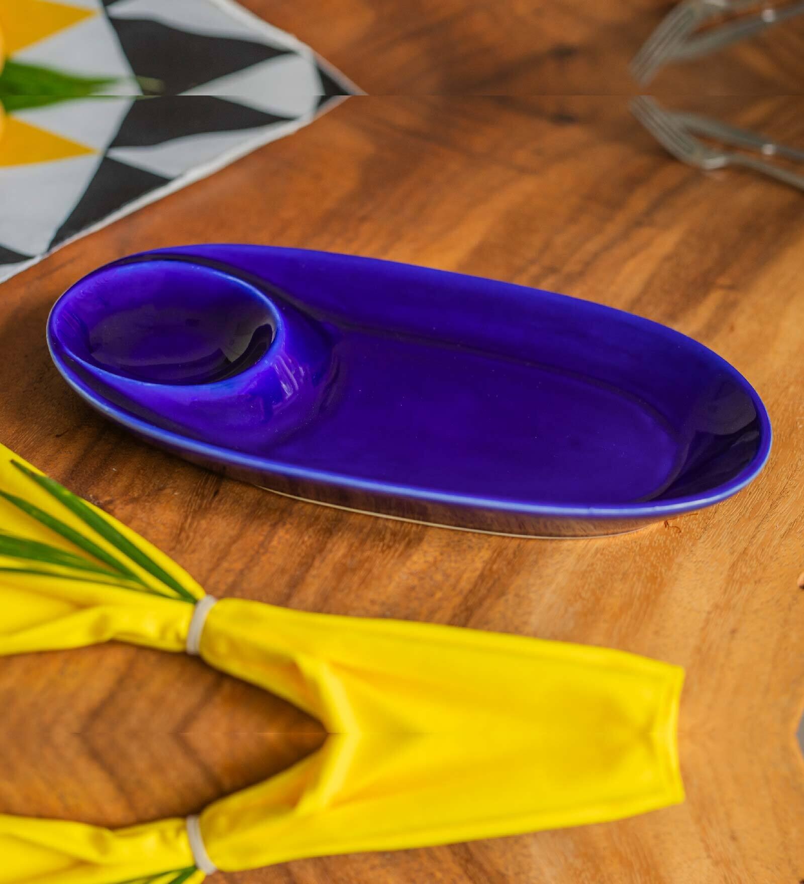 Ceramic Oval Chip And Dip Platter Navy Blue Ceramic Oval Chip And Dip Platter Navy Blue