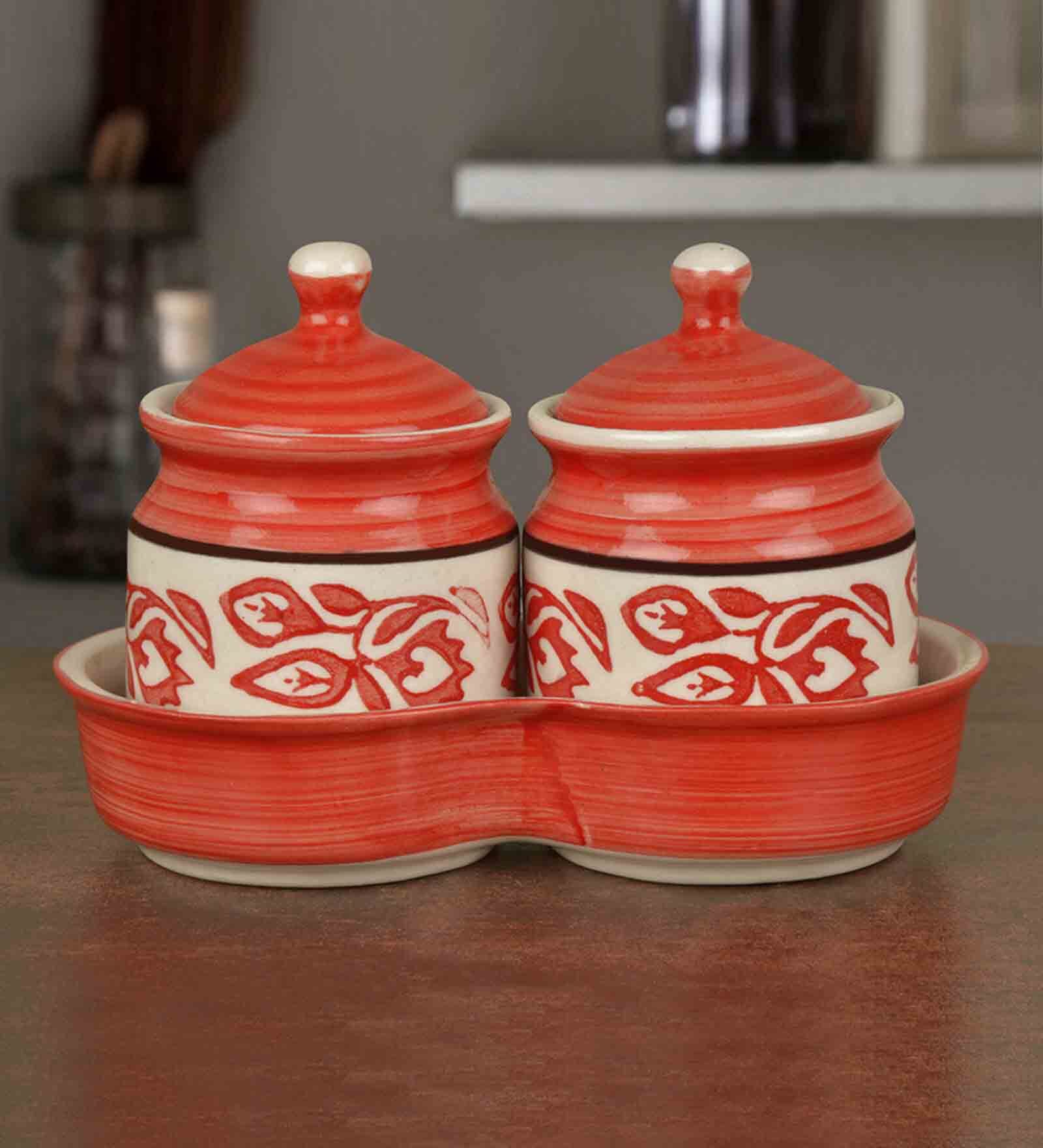 Ceramic Pickle 2 Pcs Serving Jar Set With Tray