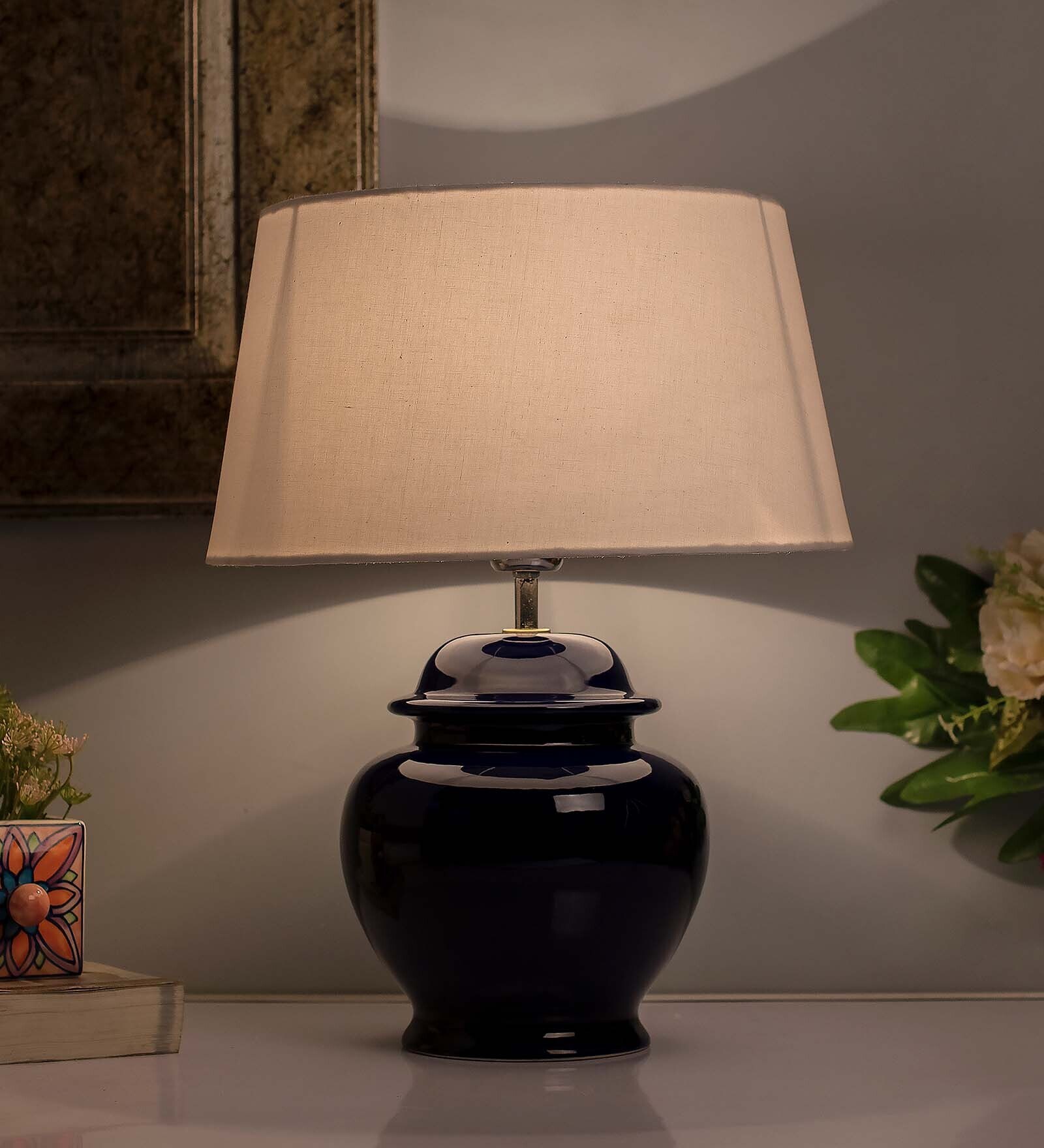 Buy Ceramic Pot Shaped Base Blue Table Lamp with White Drum Shade, LED ...