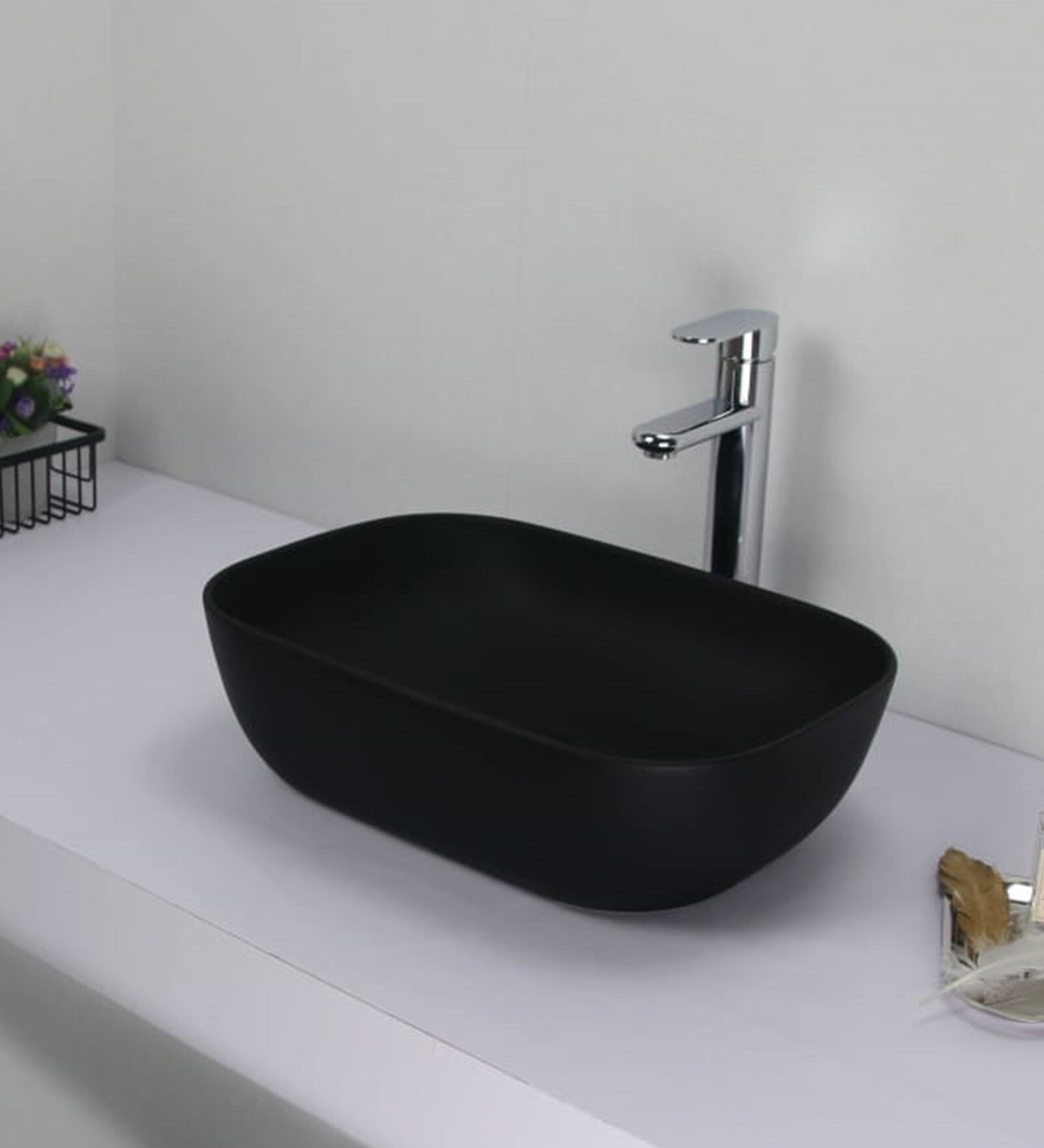 Ceramic Rectangular Shape Black Counter Top Wash Basin (H: 5.4, W: 18.2, D: 12.8 Inches)