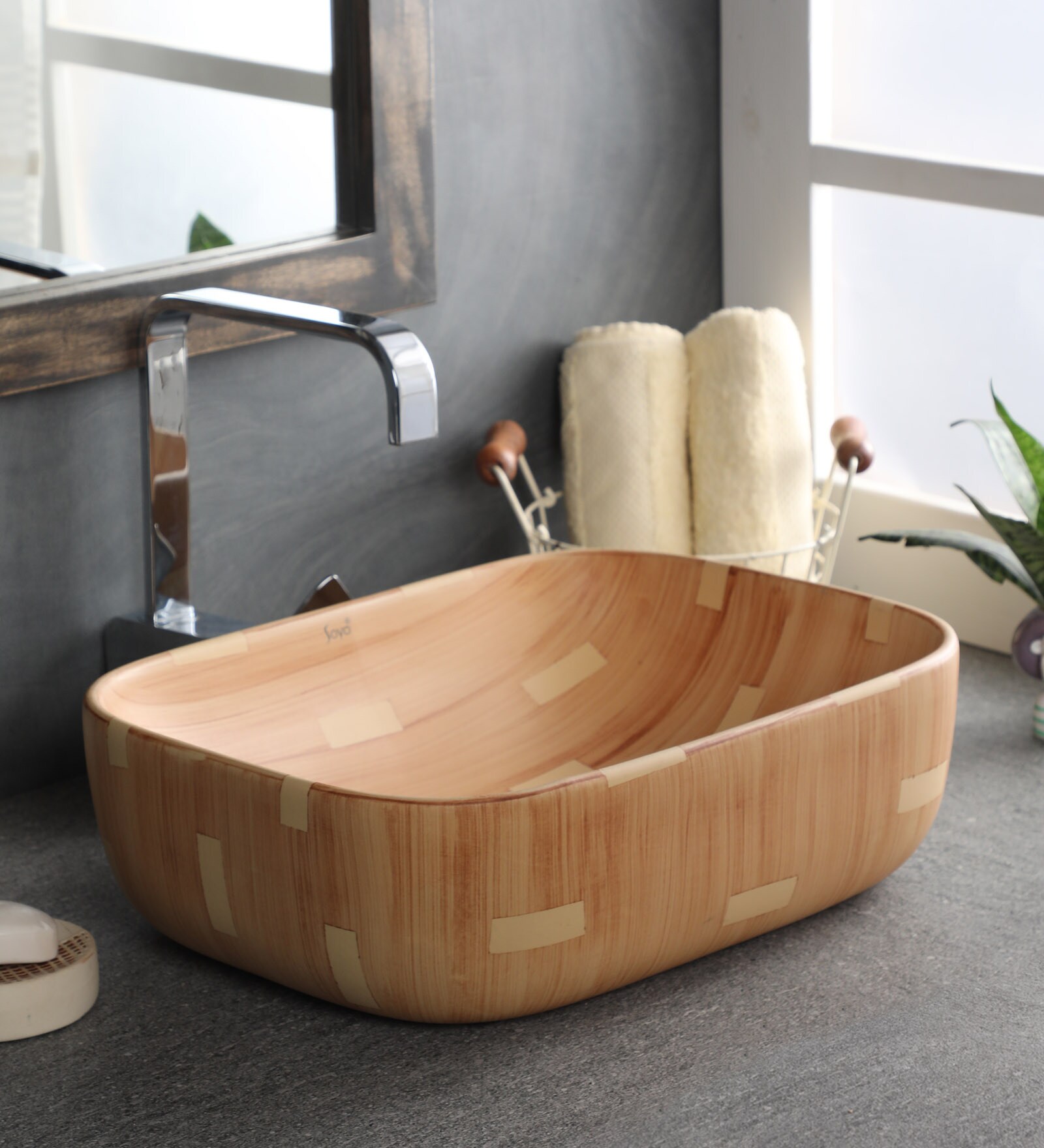 Ceramic Rectangular Shape Wood Counter Top Wash Basin (H: 5 , W: 17 , D: 12 Inches)