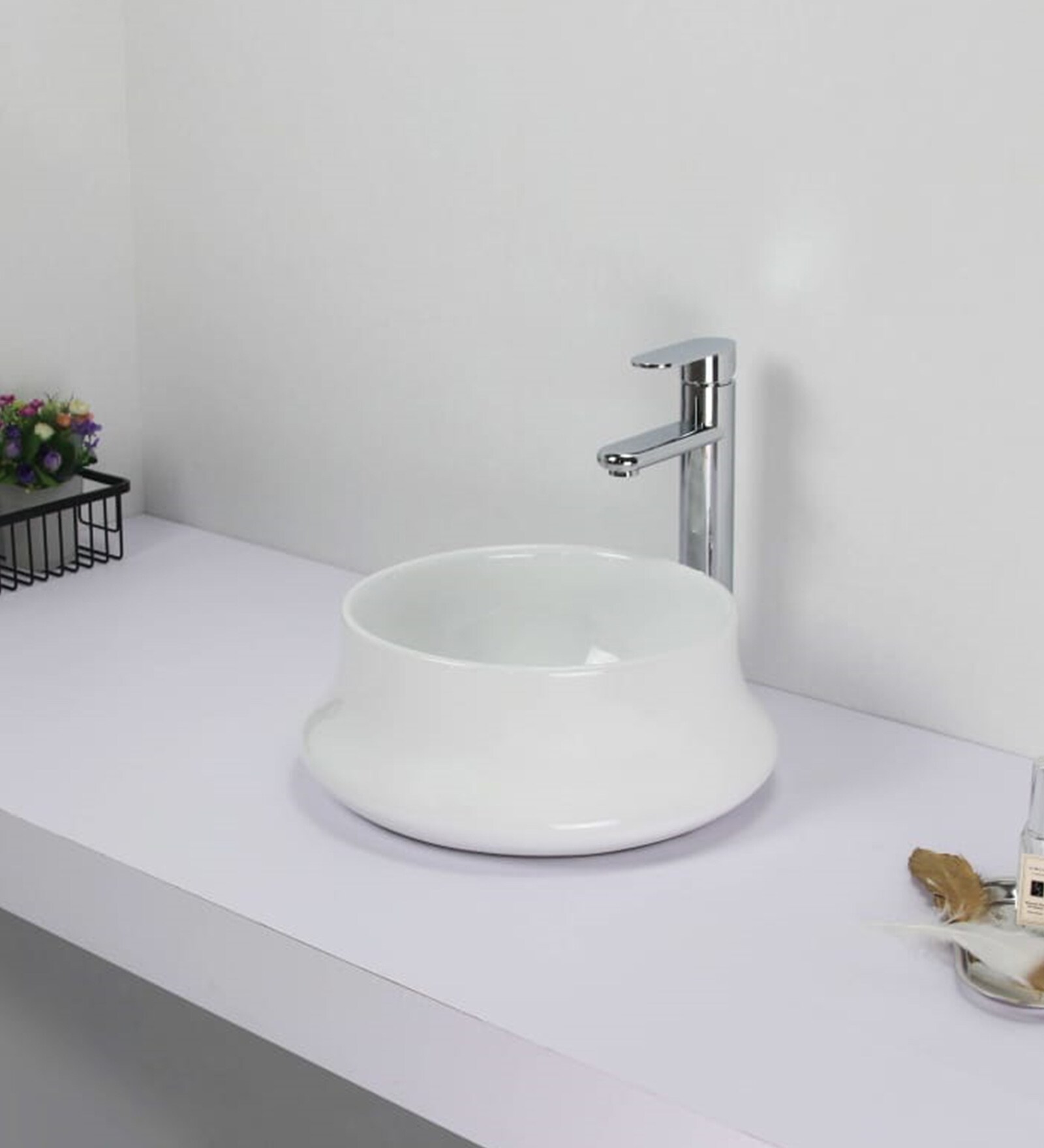 Ceramic Round Shape White Counter Top Wash Basin (H: 5.6, W: 14.4, D: 14.4 Inches)