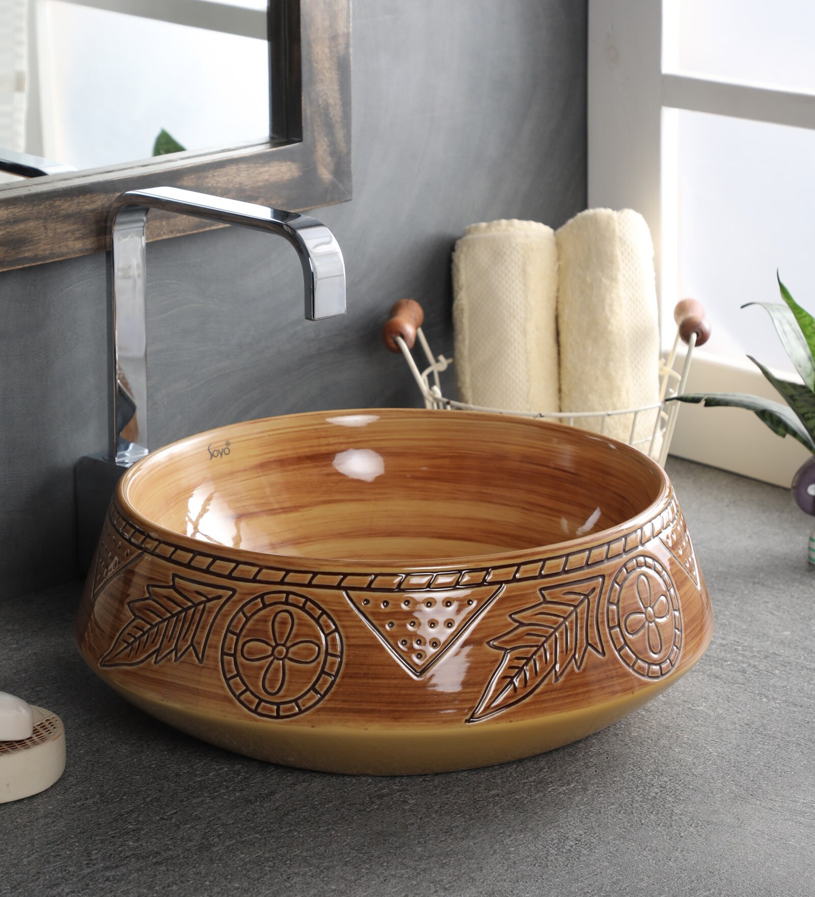 Ceramic Round Shape Wood Counter Top Wash Basin (H: 6 , W: 16 , D: 16 Inches)
