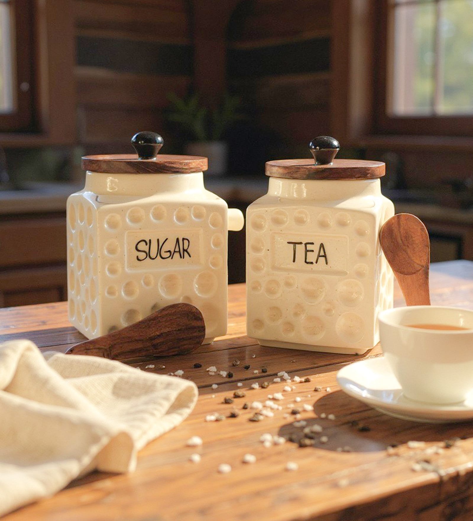 Ceramic Sugar Tea  Jar Container (Set of 2) Airtight Kitchen Storage Containers with Wooden Lids & Spoons   Handcrafted Ceramic Canisters for Countertop, Pantry & Home Decor   250ml each