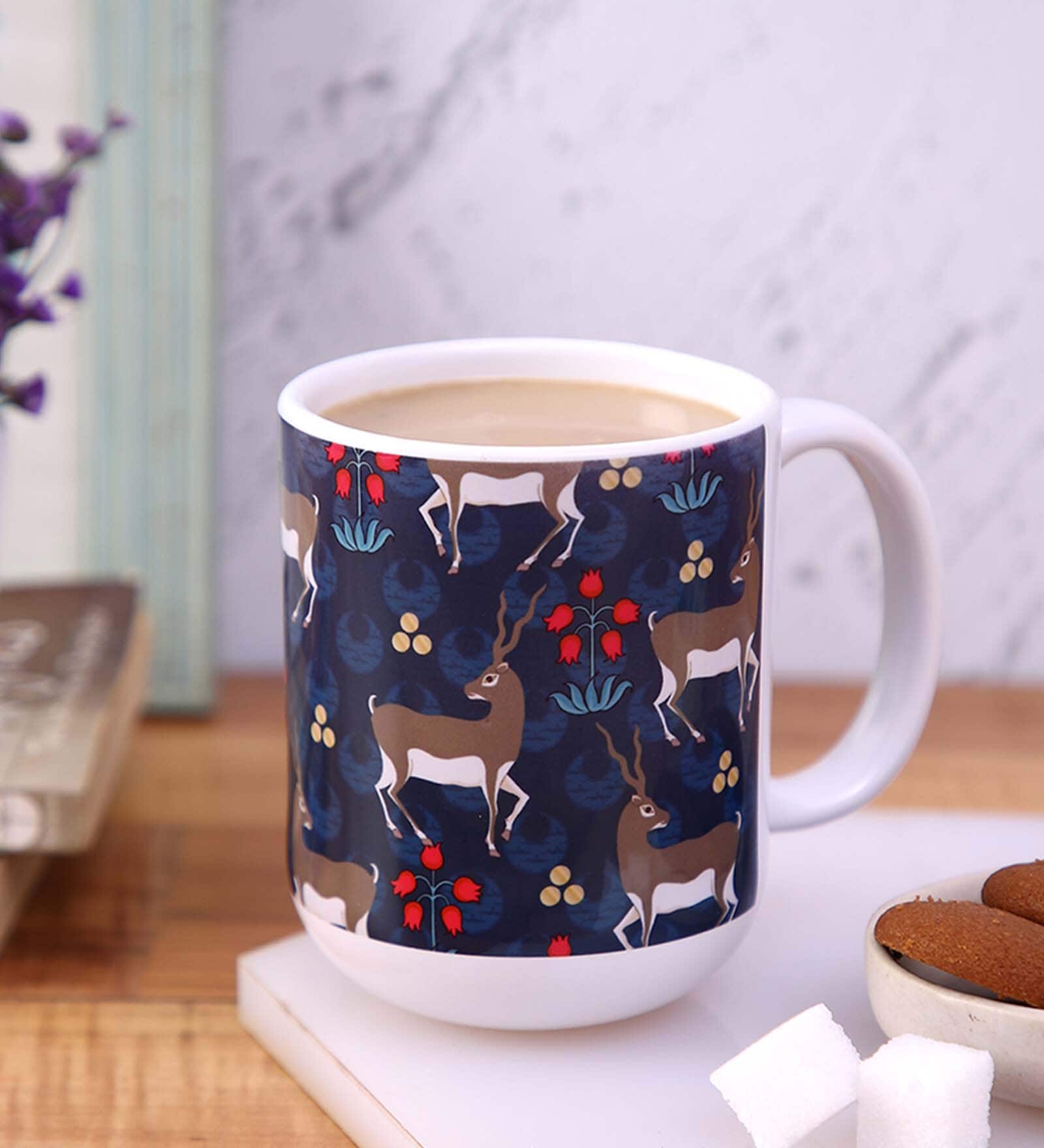 Ceramic Tea Capsule Mug With Beige & Blue Floral Print