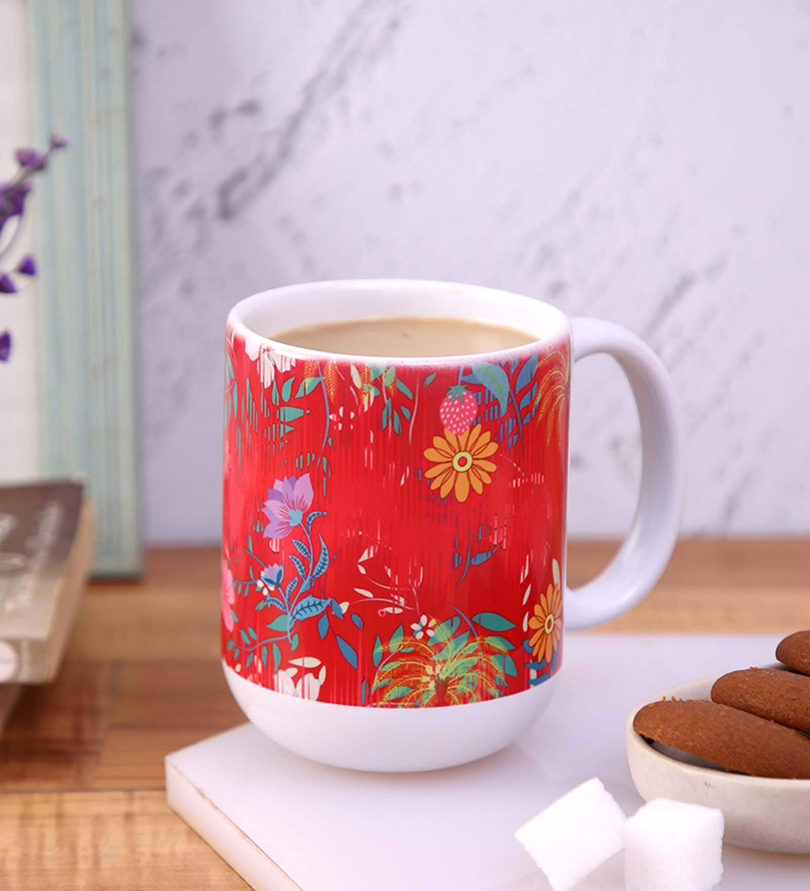 Ceramic Tea Capsule Mug With Red Floral Print