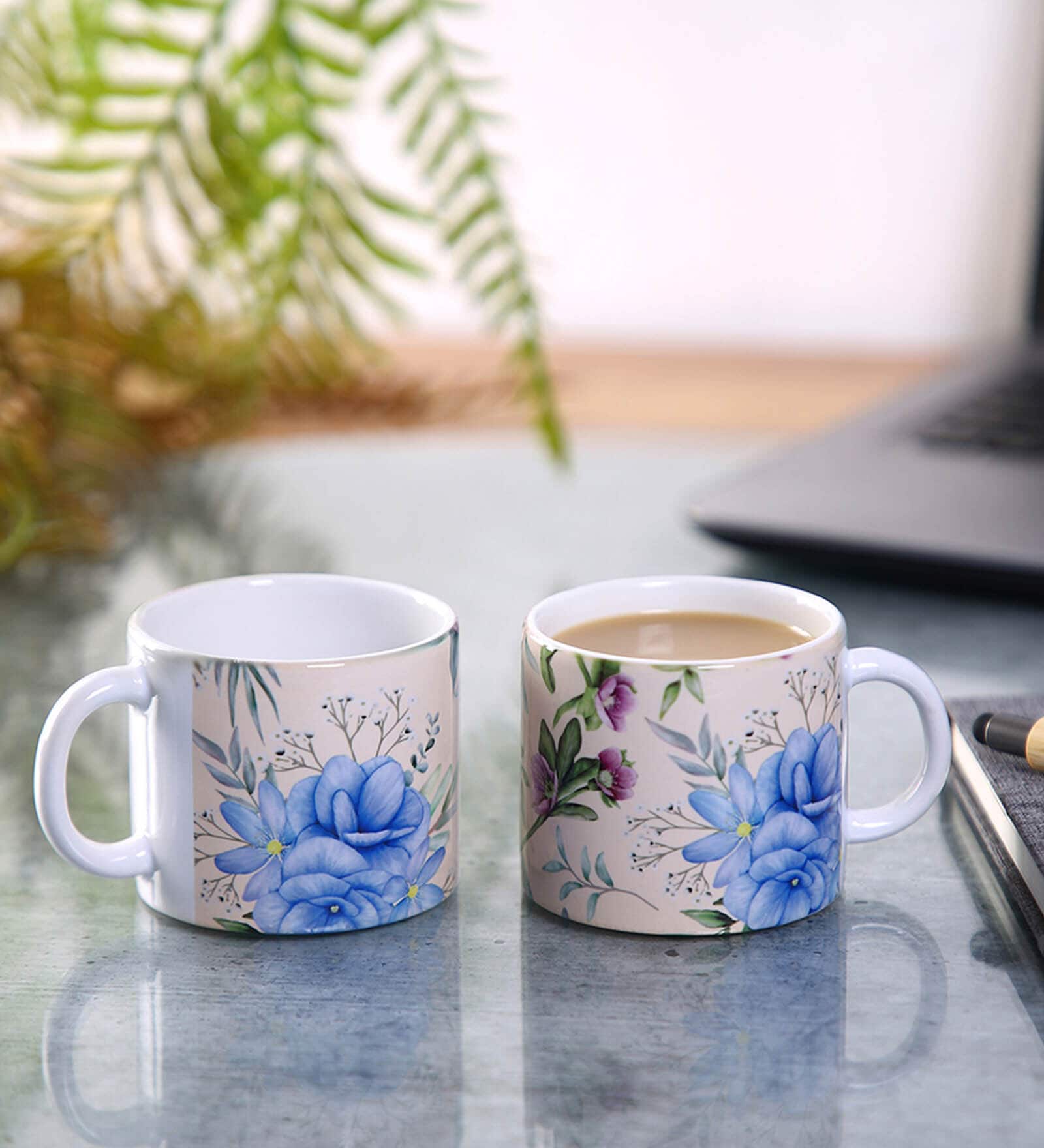 Set Of 2 Ceramic Tea Cup With Beige & Blue Floral Print