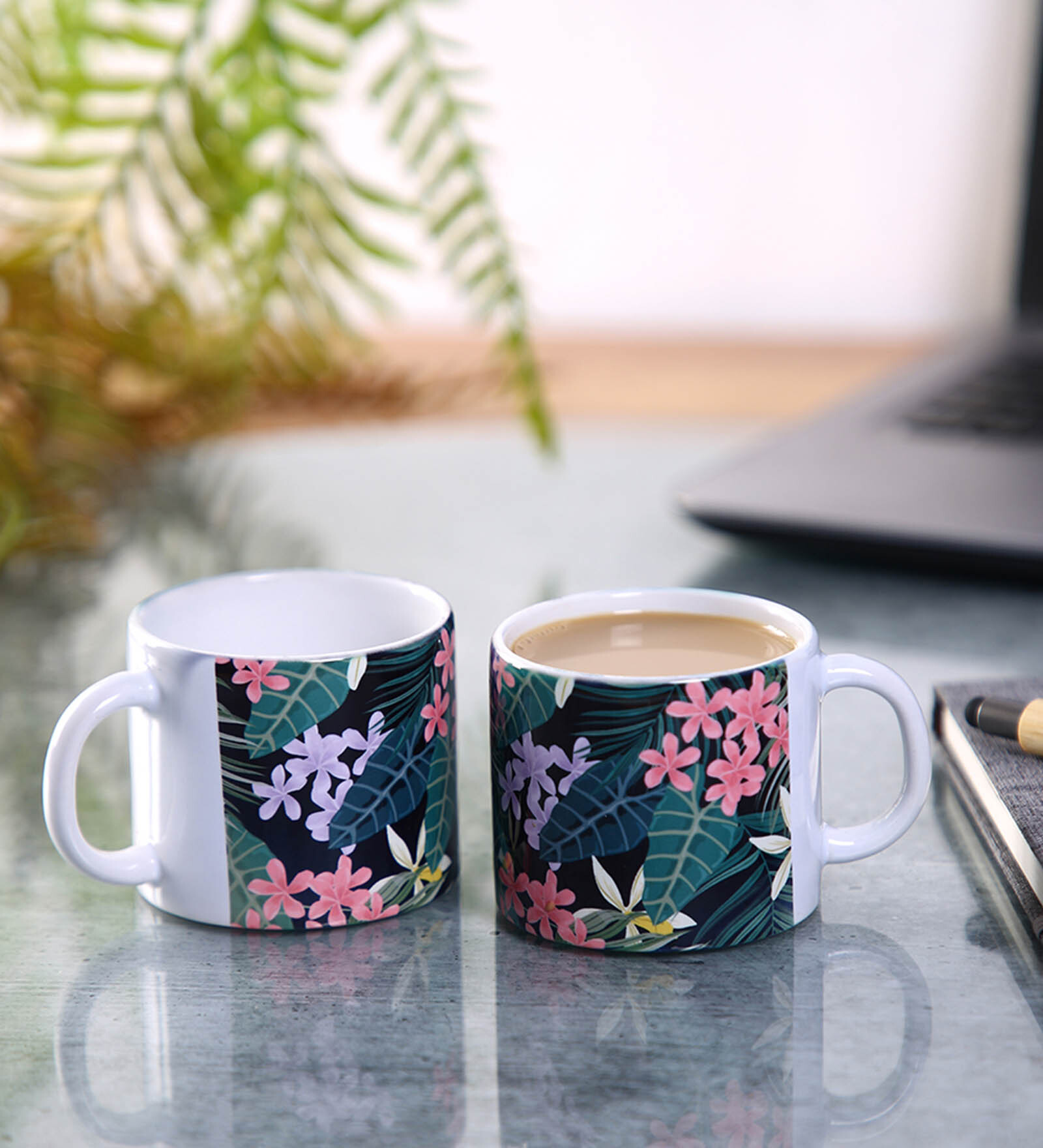 Set Of 2 Ceramic Tea Cup With Black & Green Floral Print