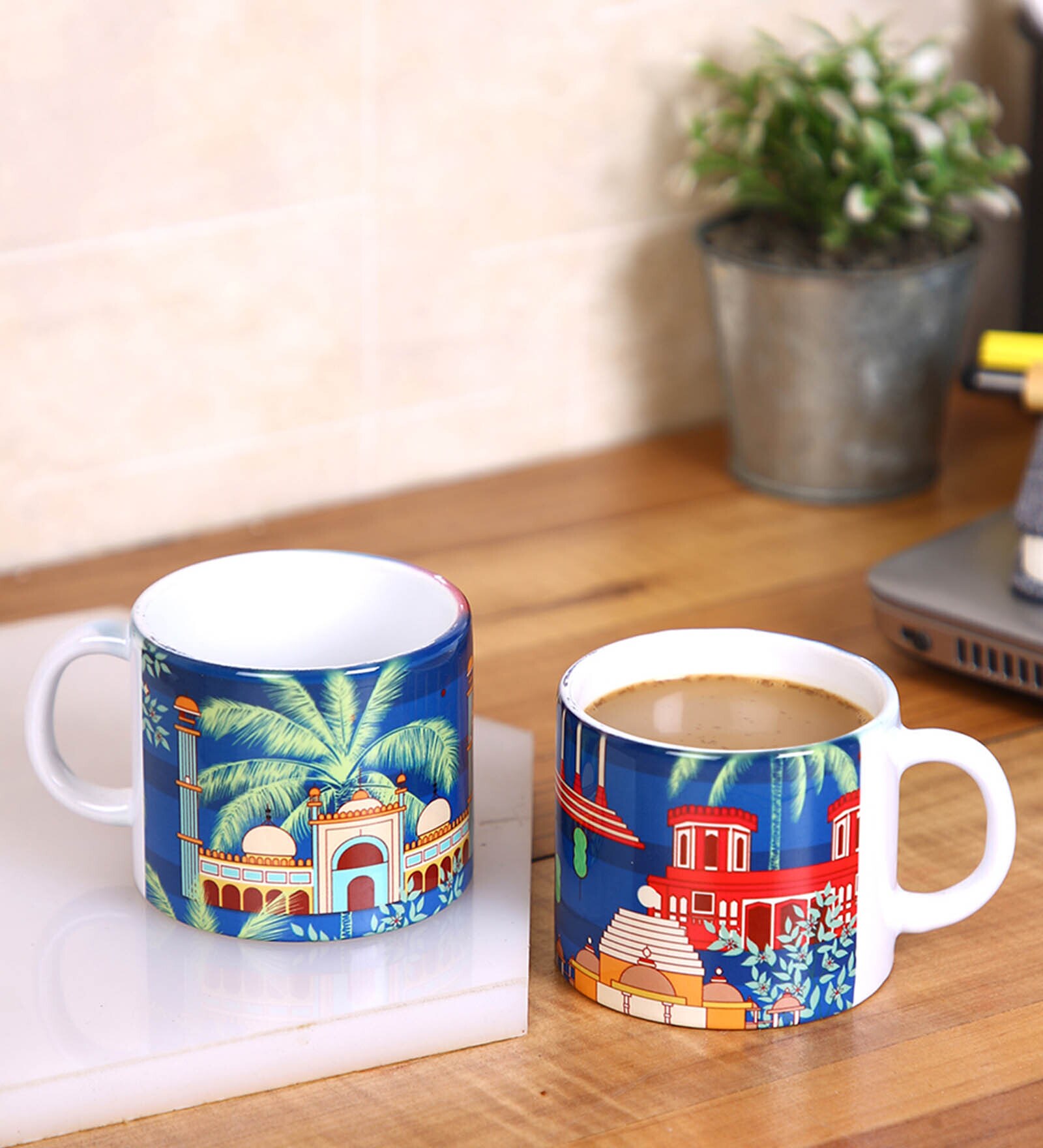 Set Of 2 Ceramic Tea Cup With Navy Blue & House Print