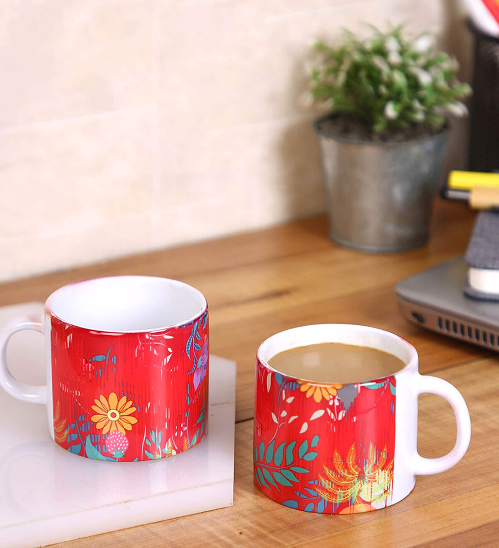 Set Of 2 Ceramic Tea Cup With Red Floral Print