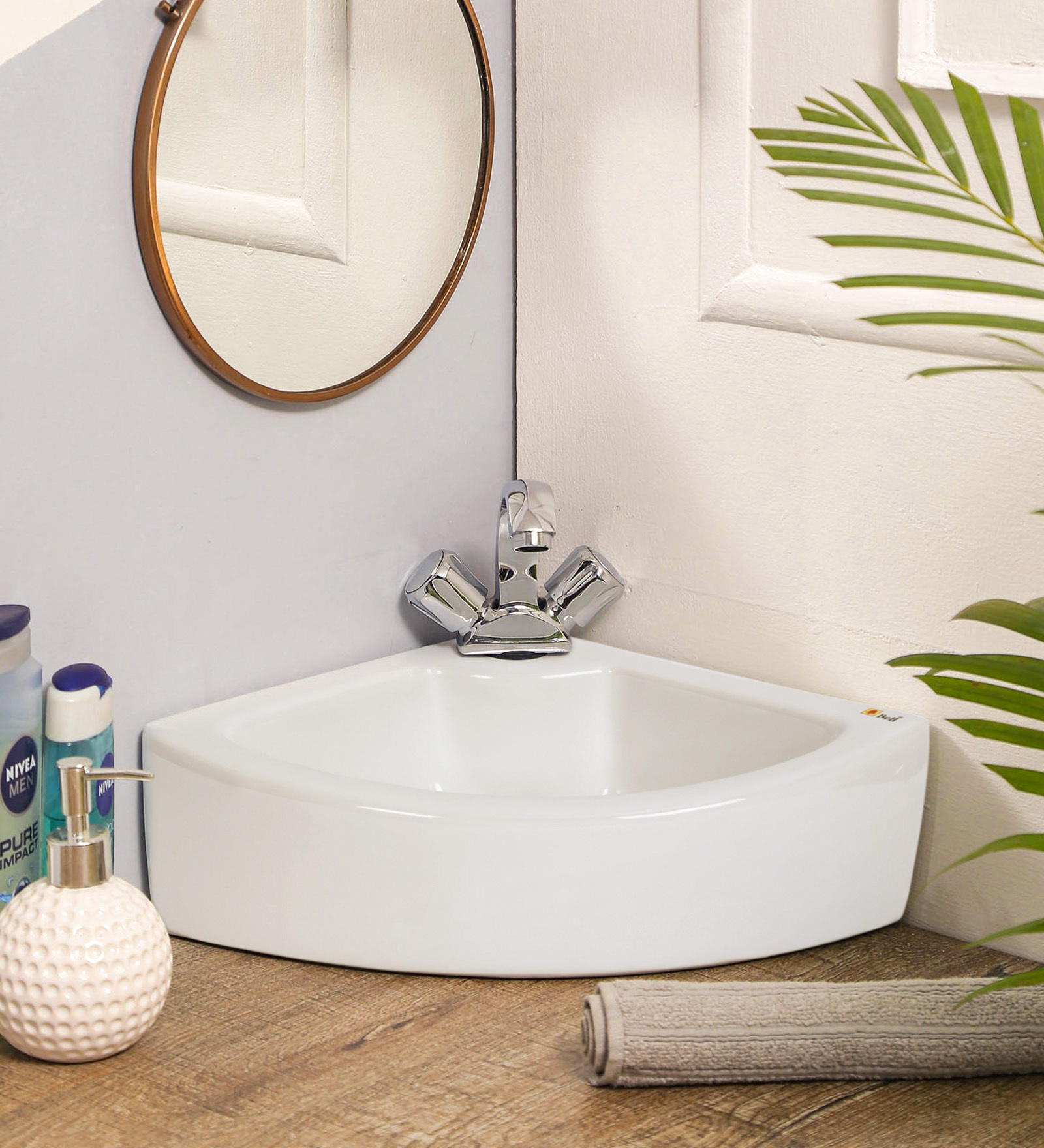 Ceramic Triangle Shape White Counter Top Wash Basin (H: 6 , W: 14 , D: 14 Inches)