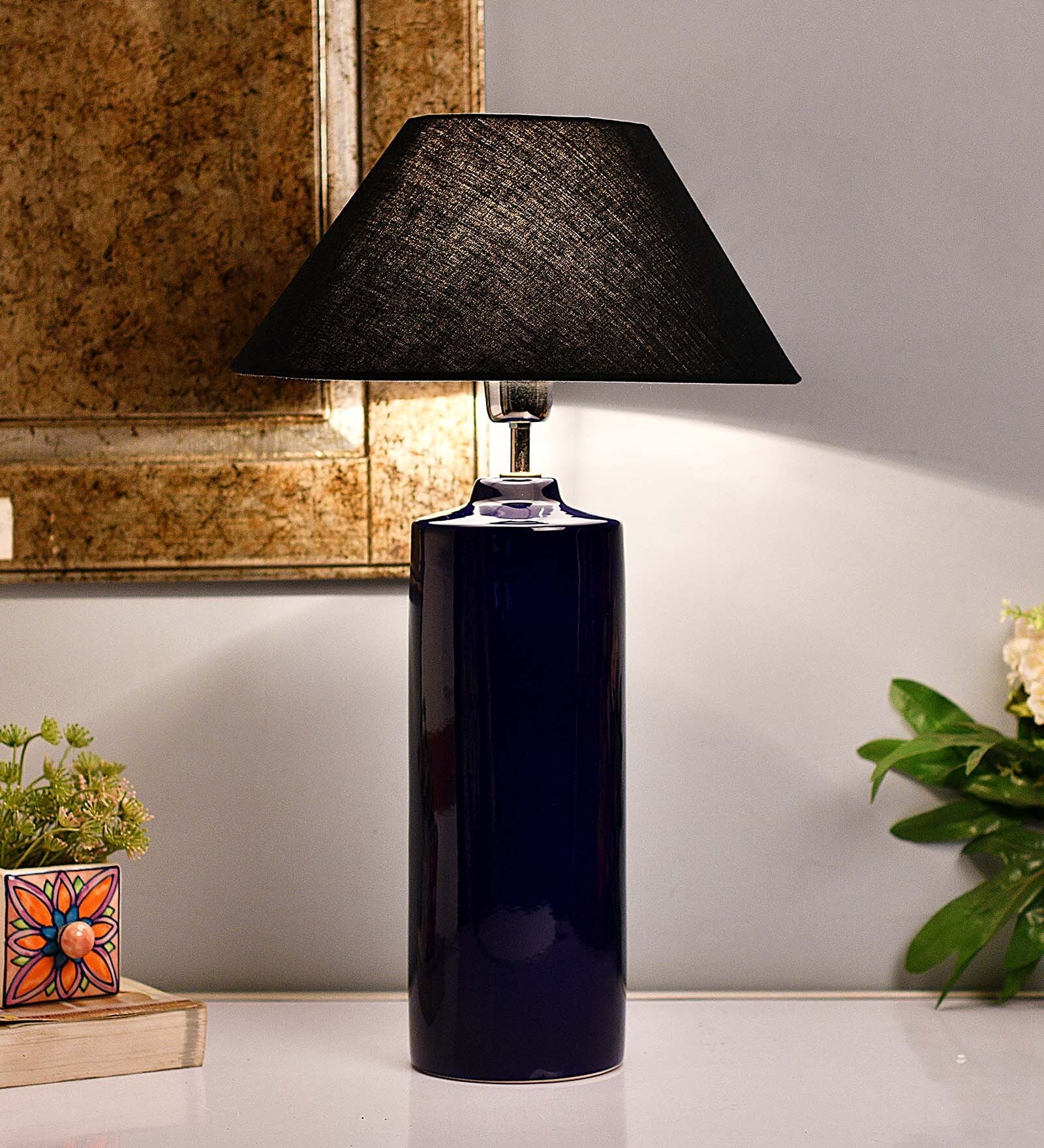Buy Ceramic Tube Base Shaped Base Blue Table Lamp with Shade, Set of 2 ...