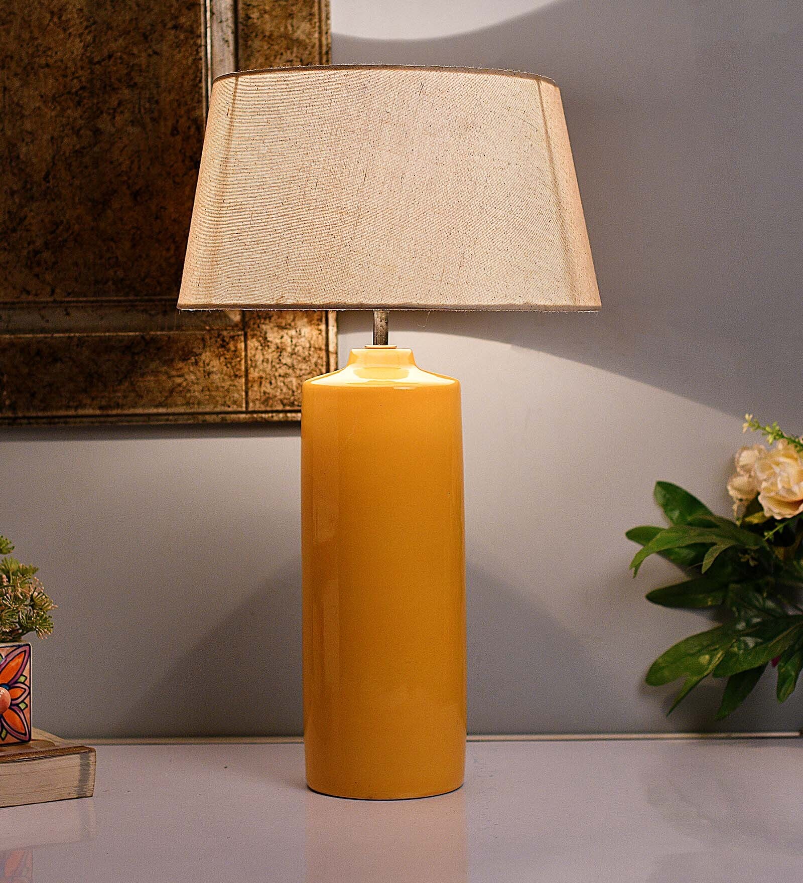 Buy Ceramic Tube Base Shaped Base Yellow Table Lamp with Shade, Set of ...