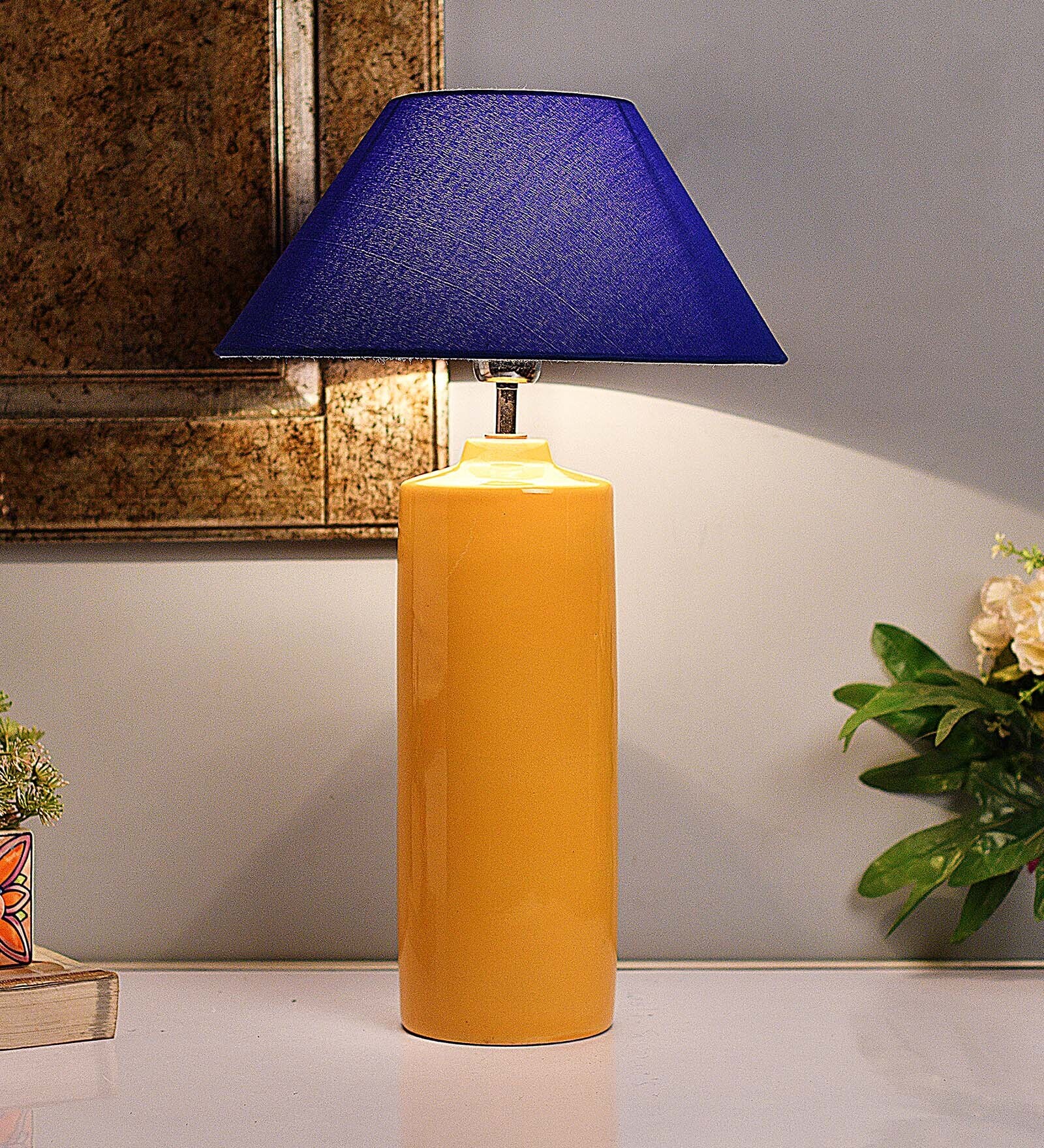 Buy Ceramic Tube Base Shaped Base Yellow Table Lamp with Shade, Set of ...