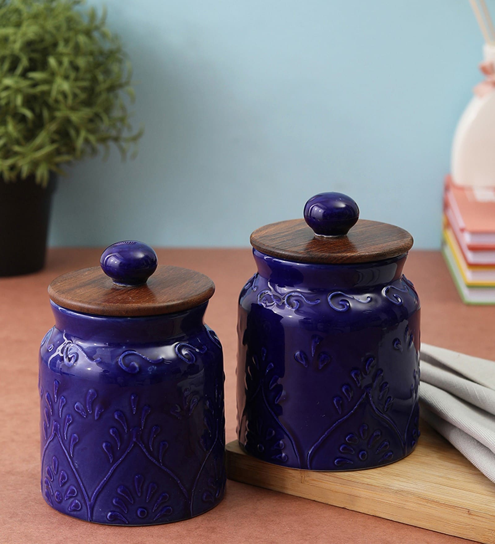 Blue Hand Painted 500ml (Set of 2) Ceramic Storage Jar