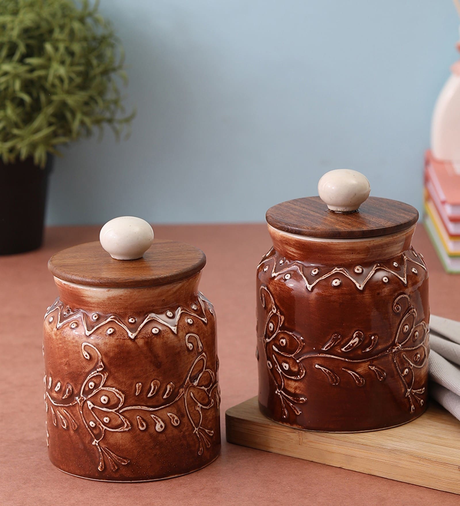 Brown Hand Painted 500ml (Set of 2) Ceramic Storage Jar