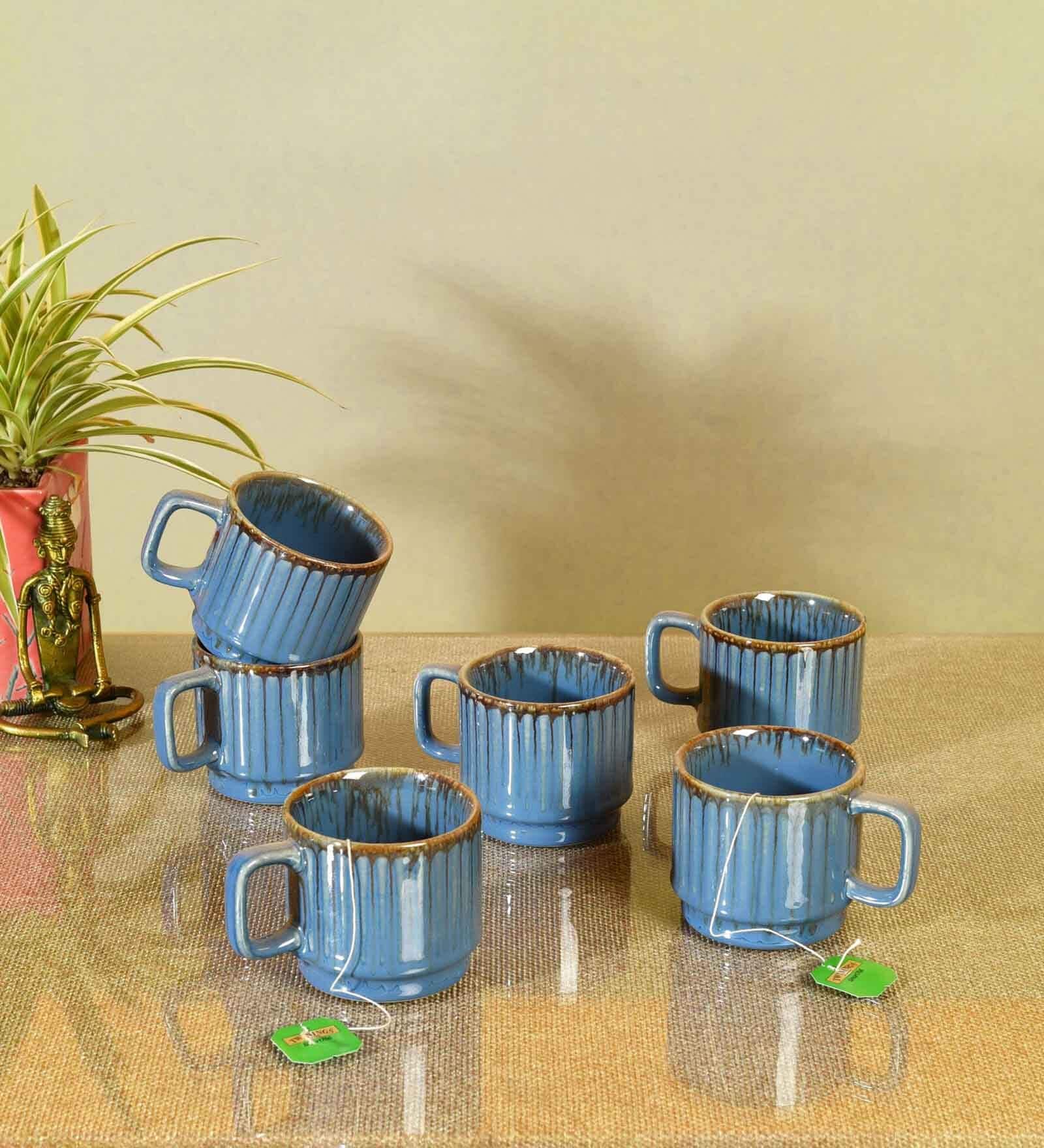 Cerulian Stripes Blue  Ceramic (Set of 6) Tea Cups