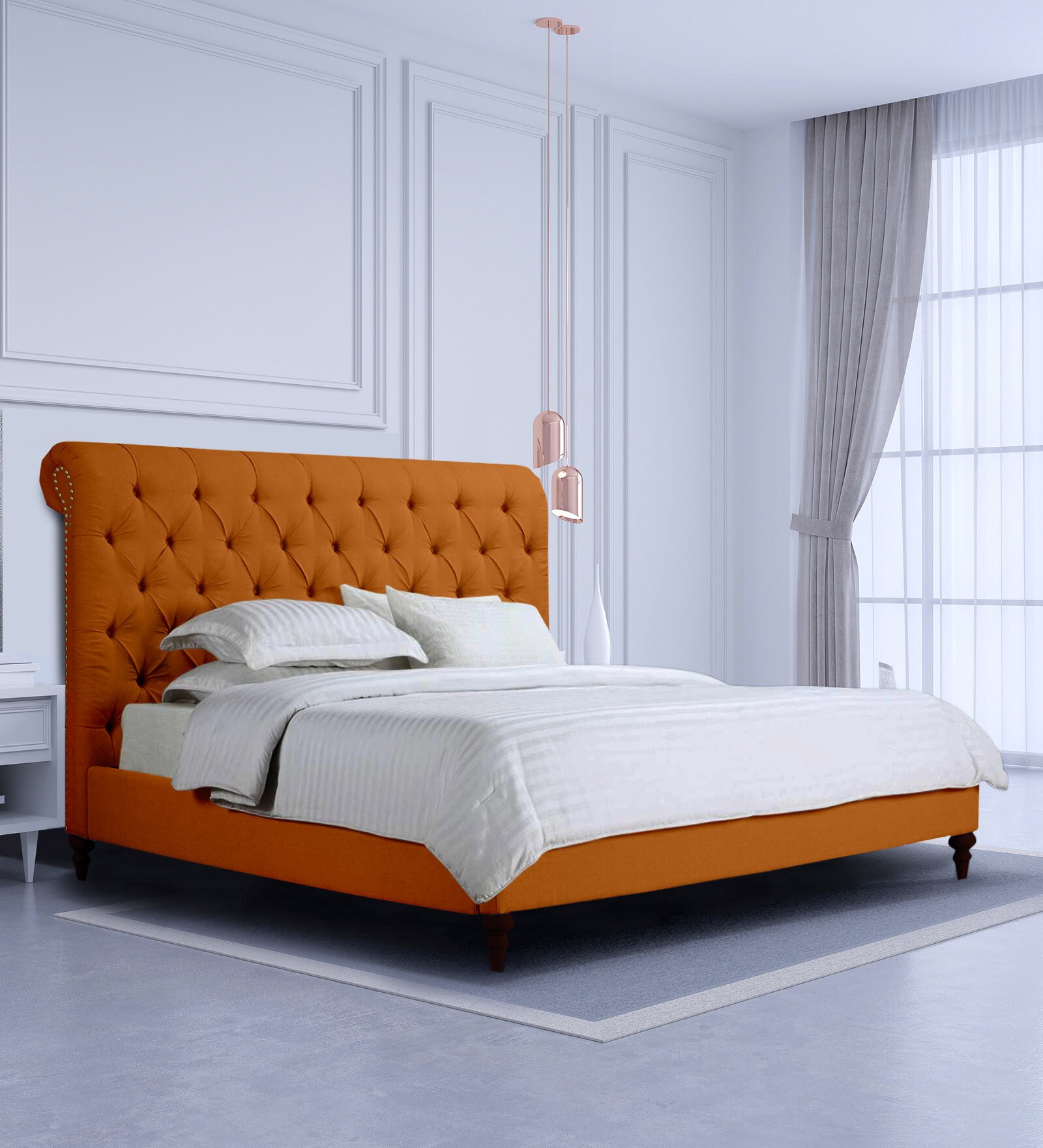 Cesar Upholstered Queen Size Bed in Orange Colour