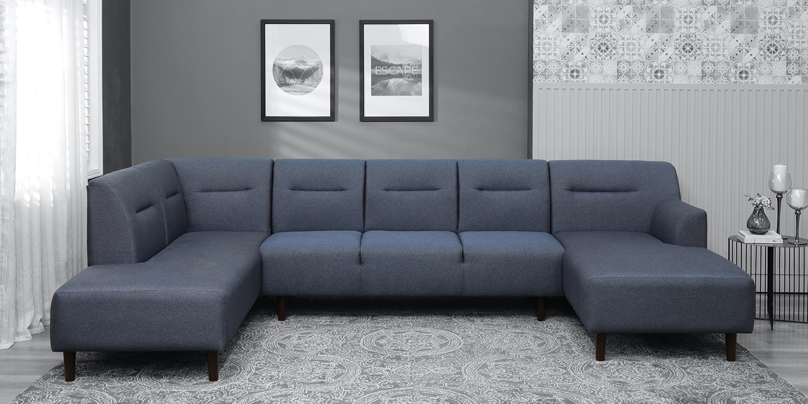Celso Fabric U Shape Corner Sofa In Spruce Blue Colour