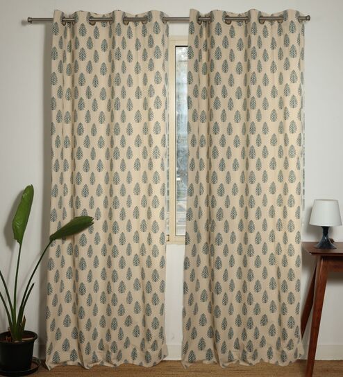 Cedar Cream & Blue Cotton 230 GSM  Ethnic 9 Feet Room Darkening Eyelet Long Door Curtains (2 Pc)