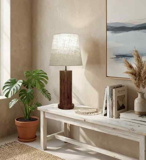 Cedar Wooden Table Lamp with Jute Shade & Brown Base