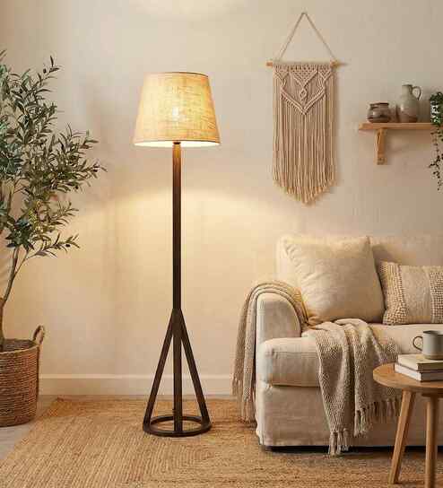 Ceiline Wooden Floor Lamp with Jute Shade & Brown Base
