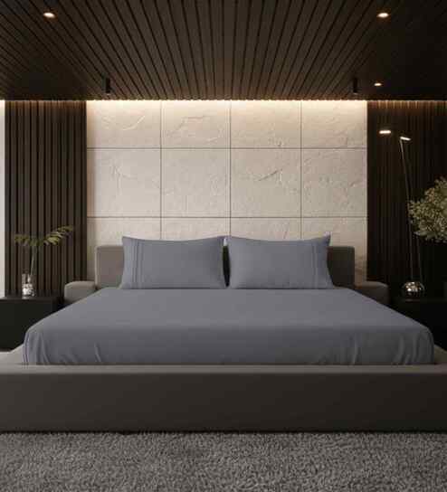 Celestial Gray Solid 500 TC Pure Cotton King Fitted Bedsheet with 2 Pillow Covers