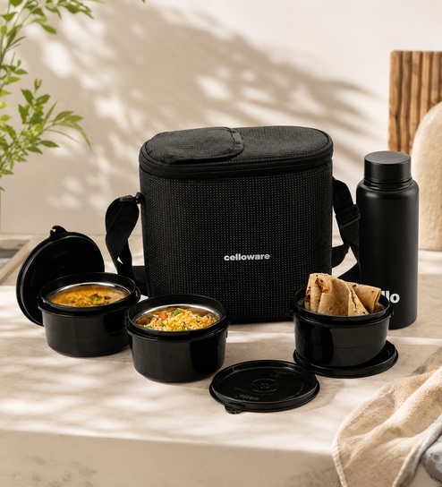 CELLO MF Alfa Stainless Steel Lunch Box Set with Bag, Black-picture-14
