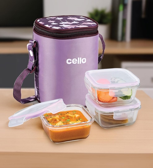 CELLO Trendy Purple Wine Square Glass Lunch Box Set with Jacket-image-5
